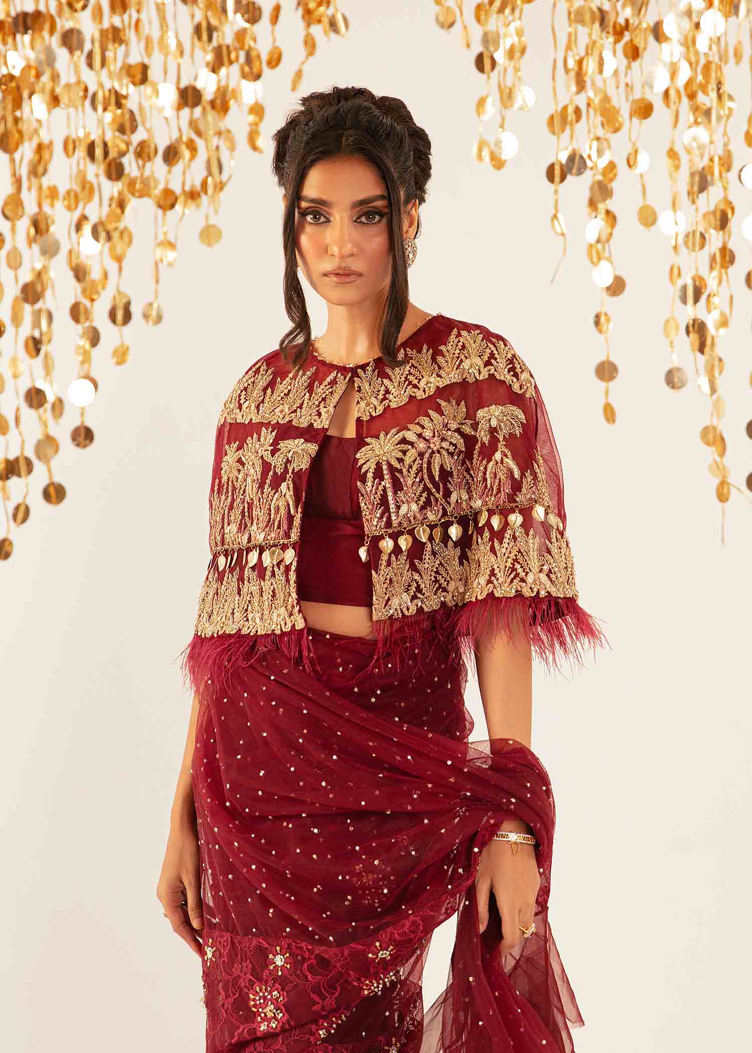 Burnt Maroon Embellished Velvet & Tissue Cape Dress (3-Piece) - Image 3