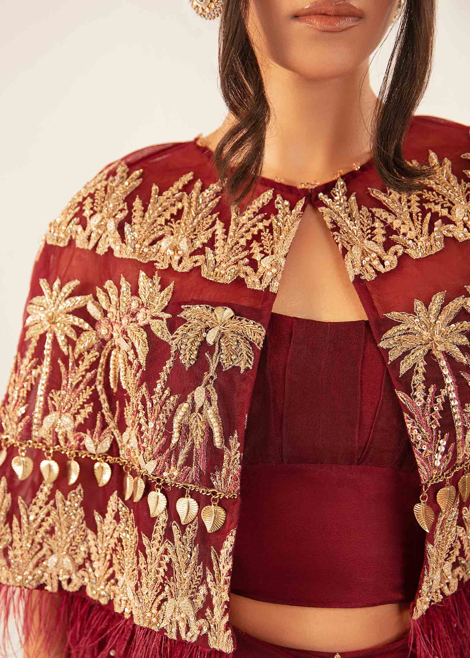 Burnt Maroon Embellished Velvet & Tissue Cape Dress (3-Piece) - Image 4