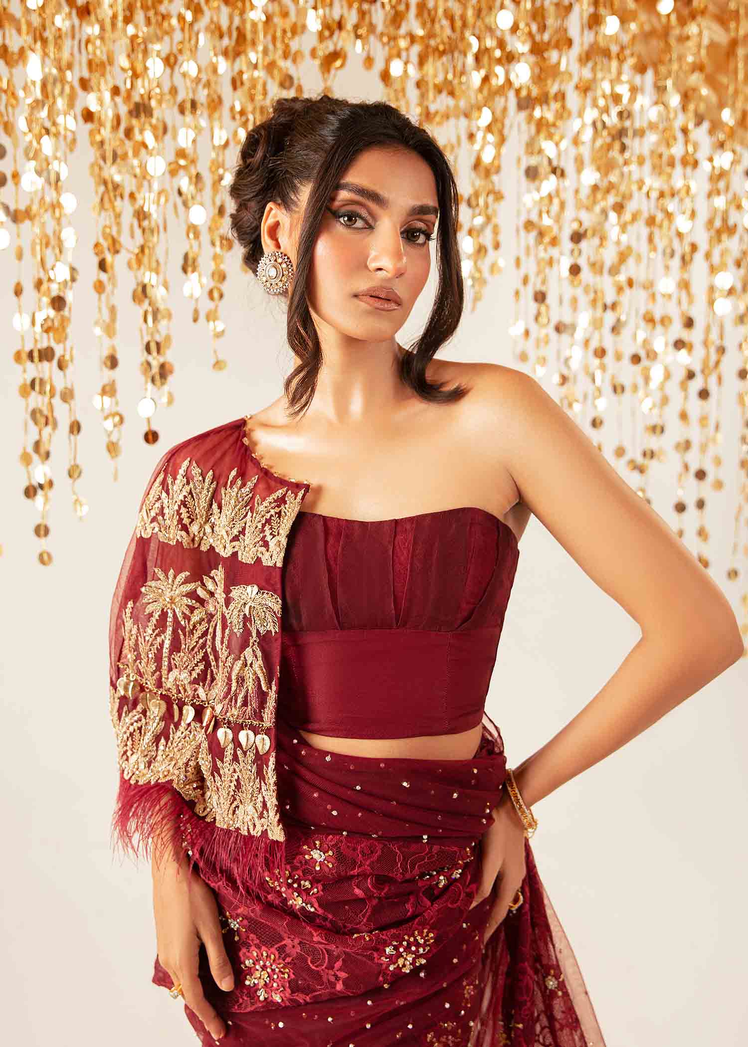 Burnt Maroon Embellished Velvet & Tissue Cape Dress (3-Piece) - Image 6