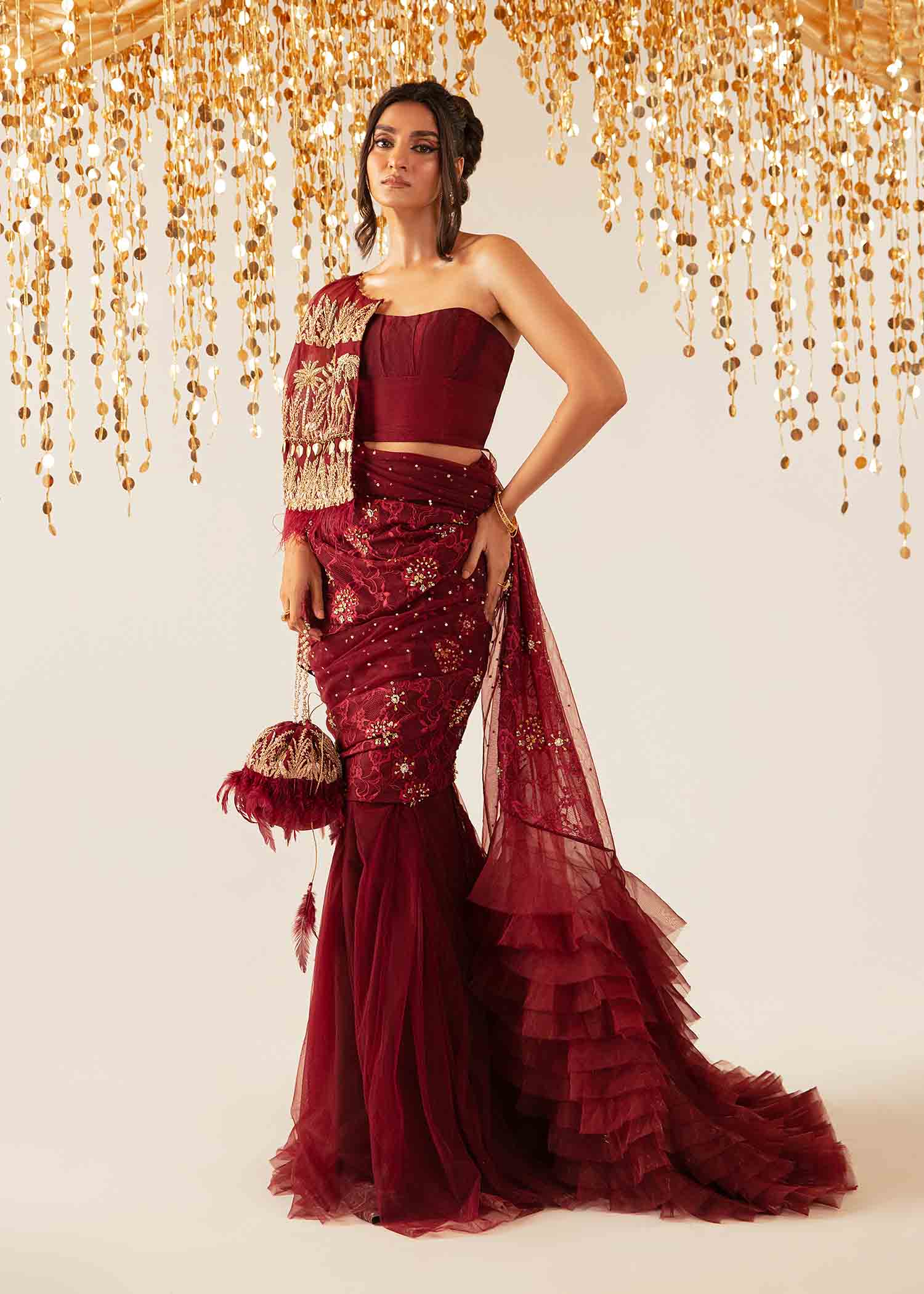 Burnt Maroon Embellished Velvet & Tissue Cape Dress (3-Piece) - Image 7