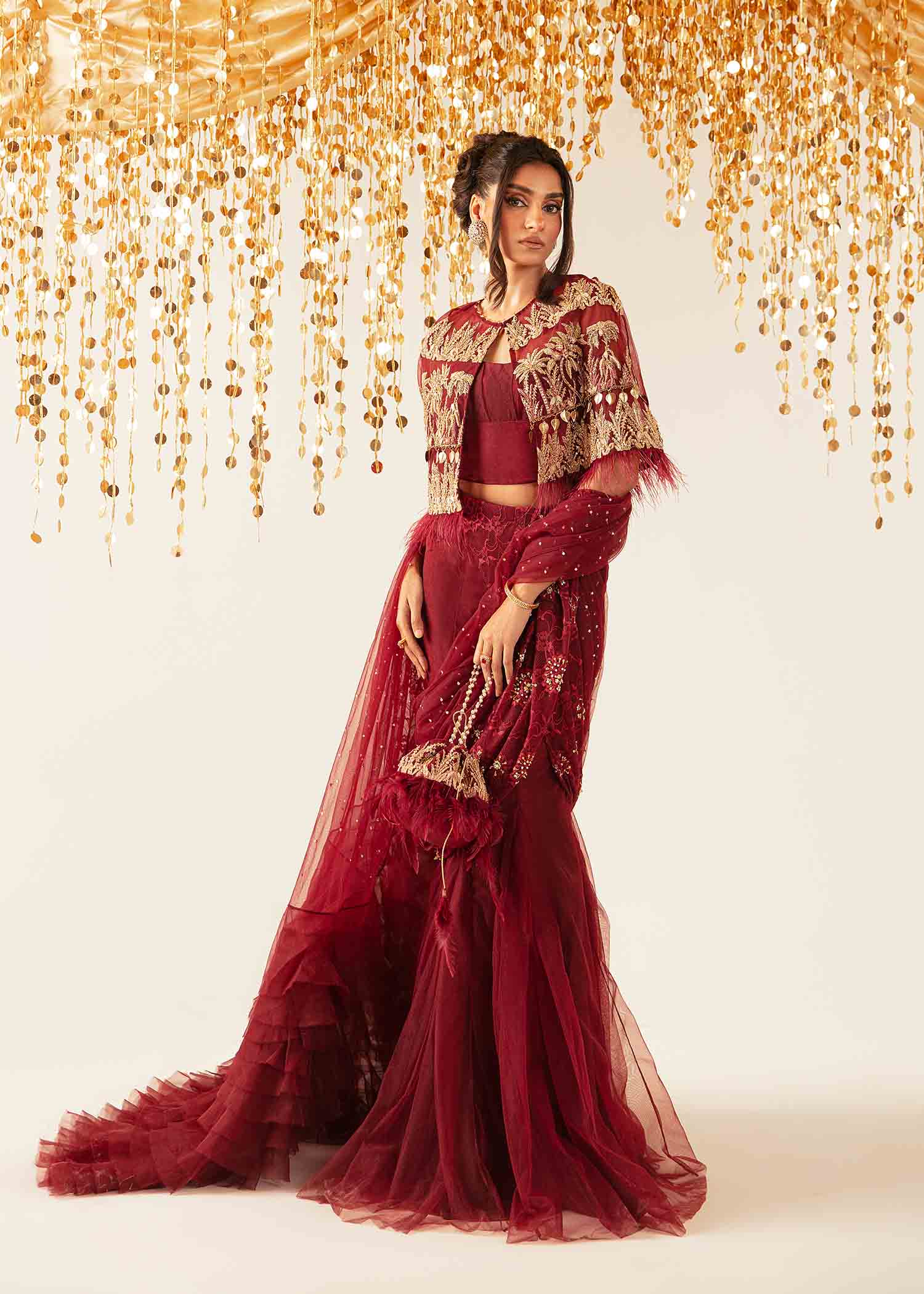 Burnt Maroon Embellished Velvet & Tissue Cape Dress (3-Piece) - Image 8