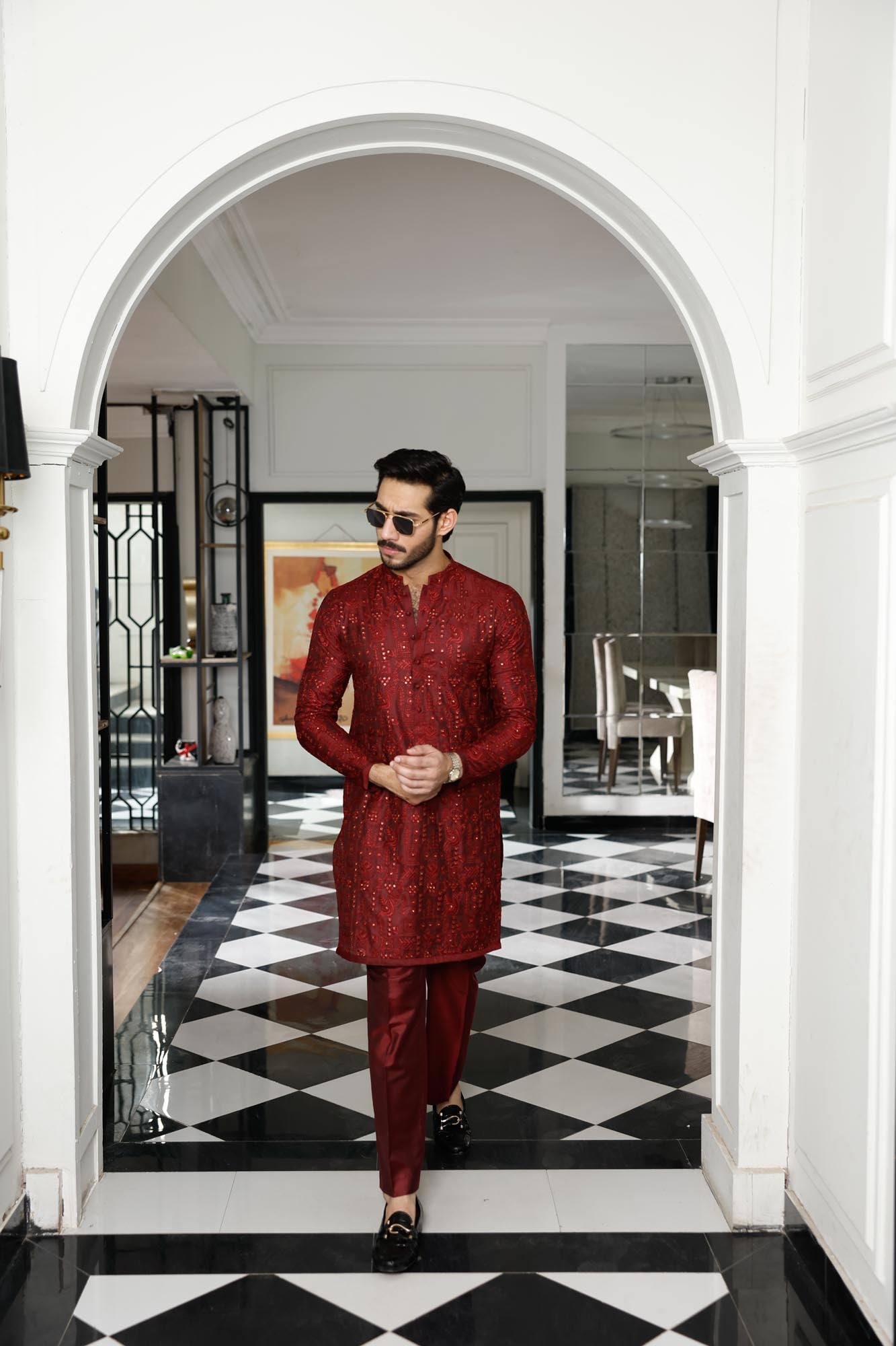Maroon Embossed Silk Kurta with Boot Cut Pajama (2-Piece) - Image 2