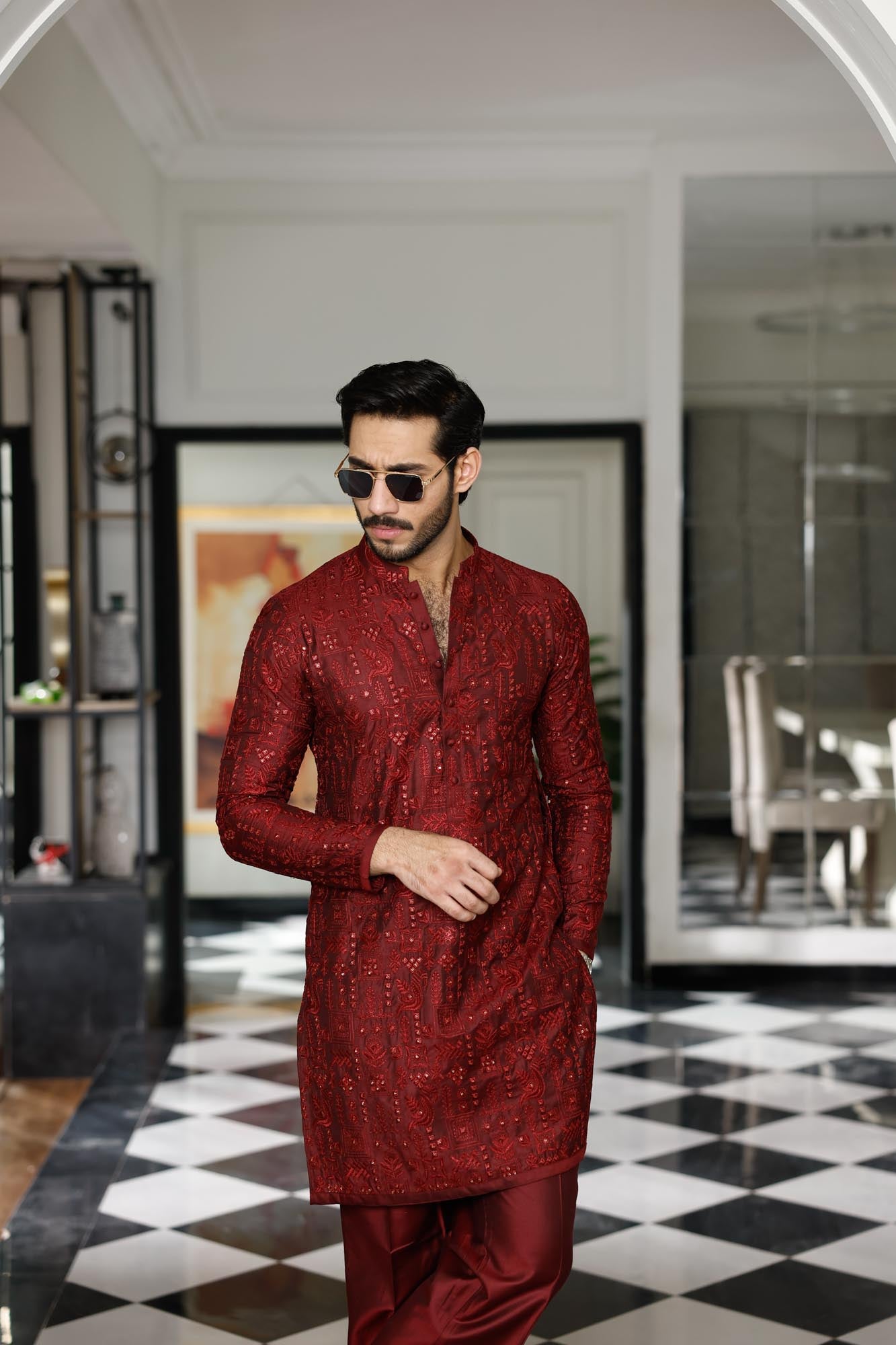 Maroon Embossed Silk Kurta with Boot Cut Pajama (2-Piece) - Image 3
