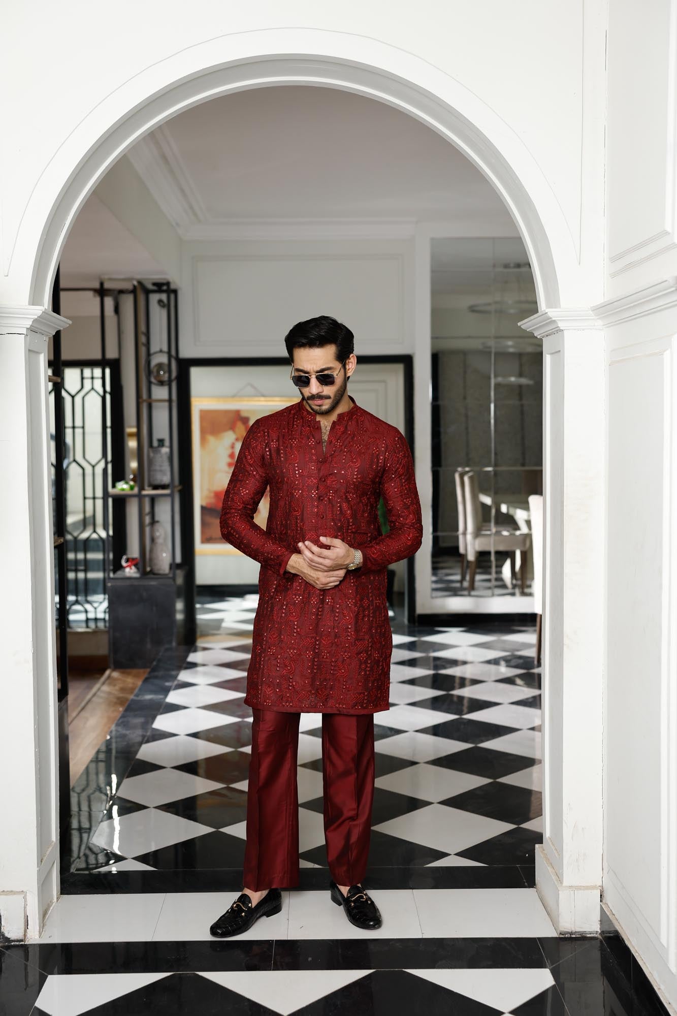 Maroon Embossed Silk Kurta with Boot Cut Pajama (2-Piece) - Image 4