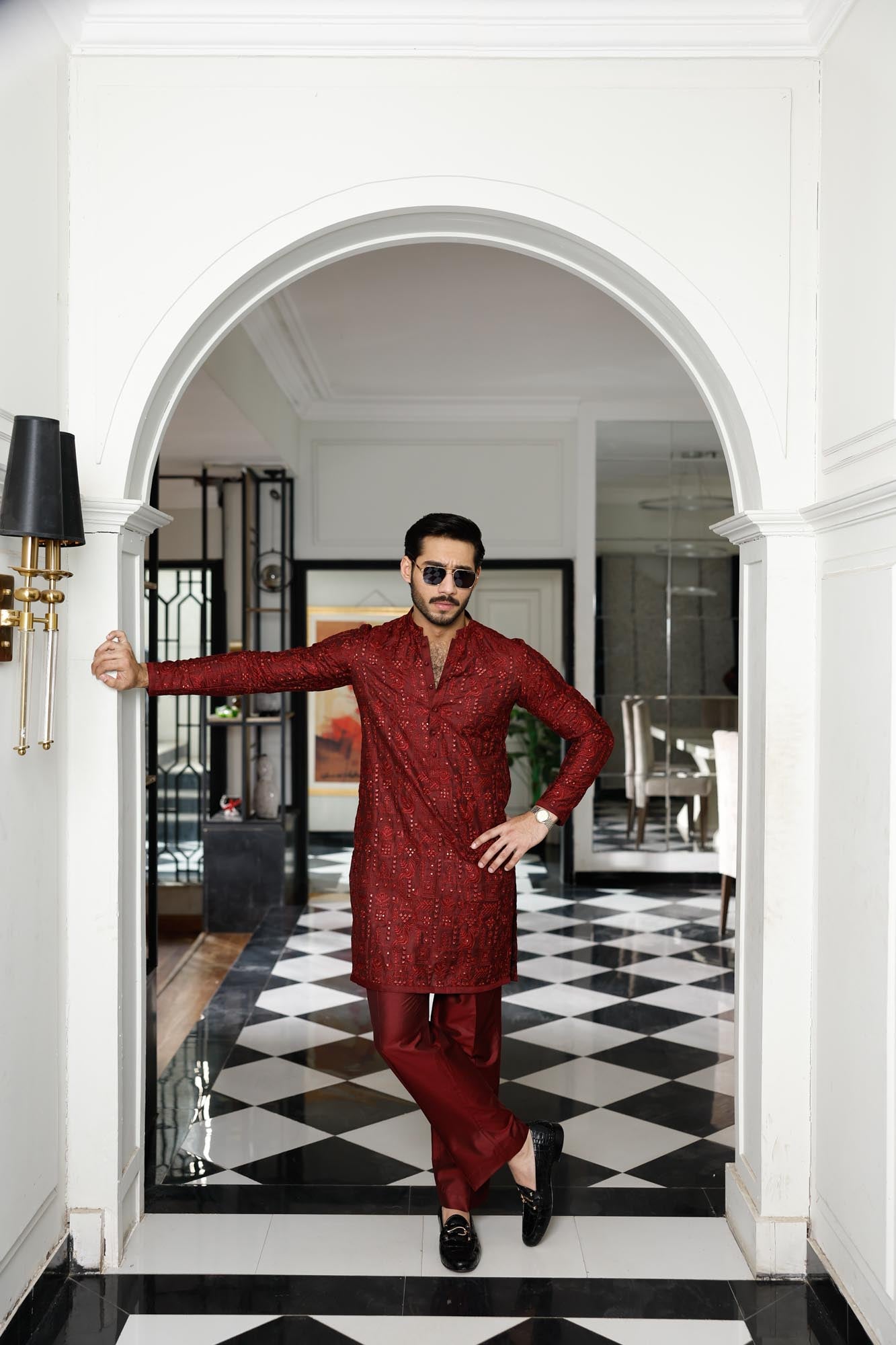 Maroon Embossed Silk Kurta with Boot Cut Pajama (2-Piece) - Image 5