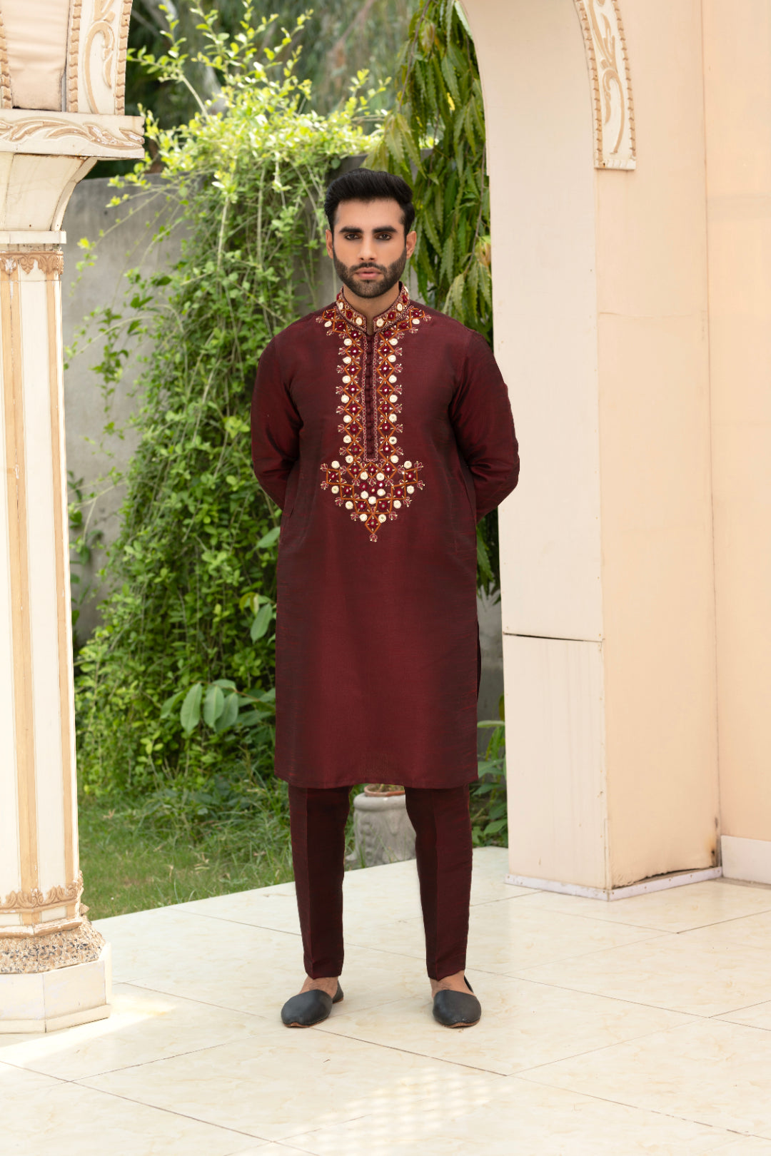 Dark Maroon Embroidered Silk Kurta Pajama (2-Piece) - Image 1