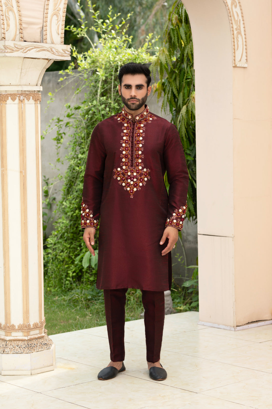 Dark Maroon Embroidered Silk Kurta Pajama (2-Piece) - Image 2