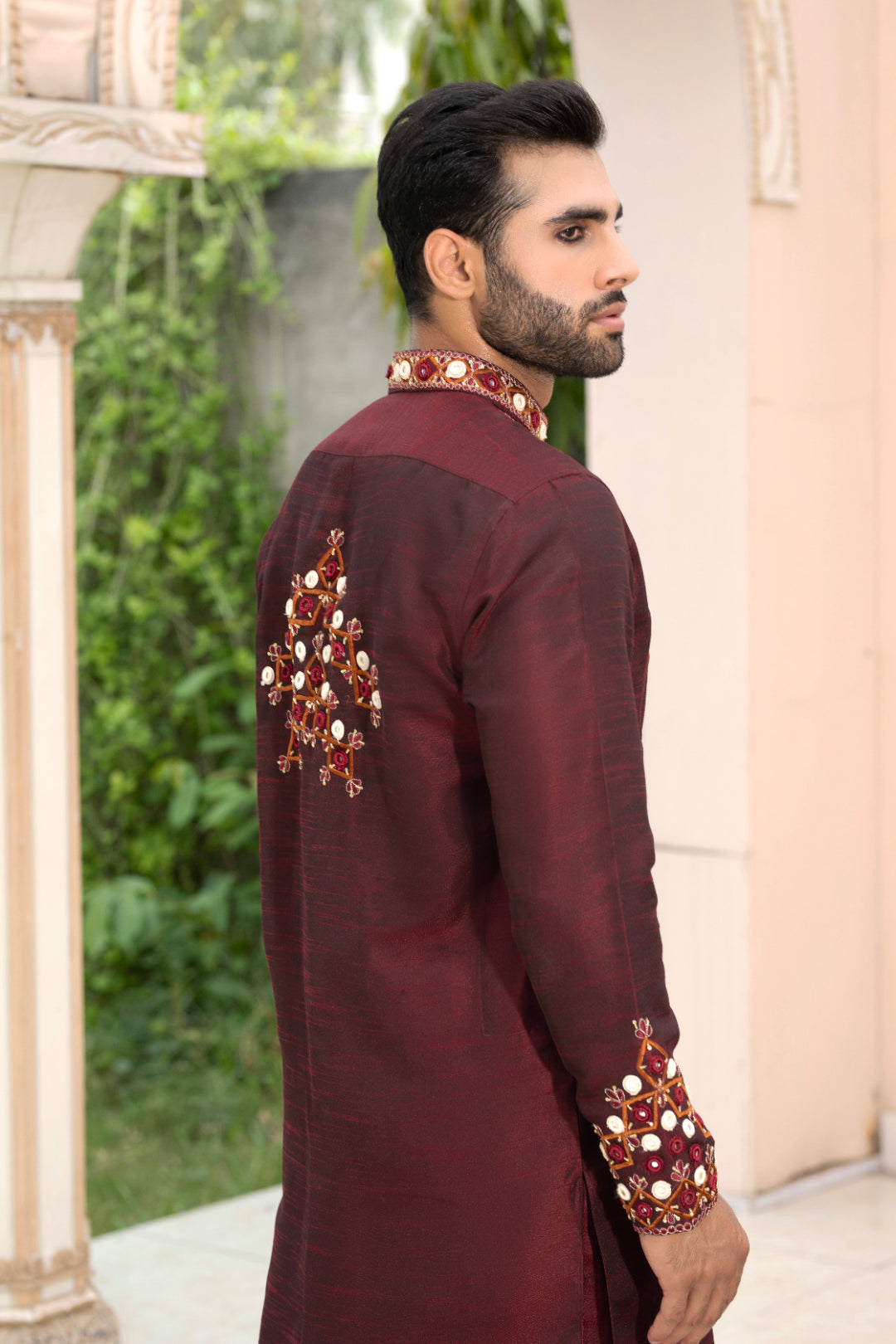 Dark Maroon Embroidered Silk Kurta Pajama (2-Piece) - Image 3