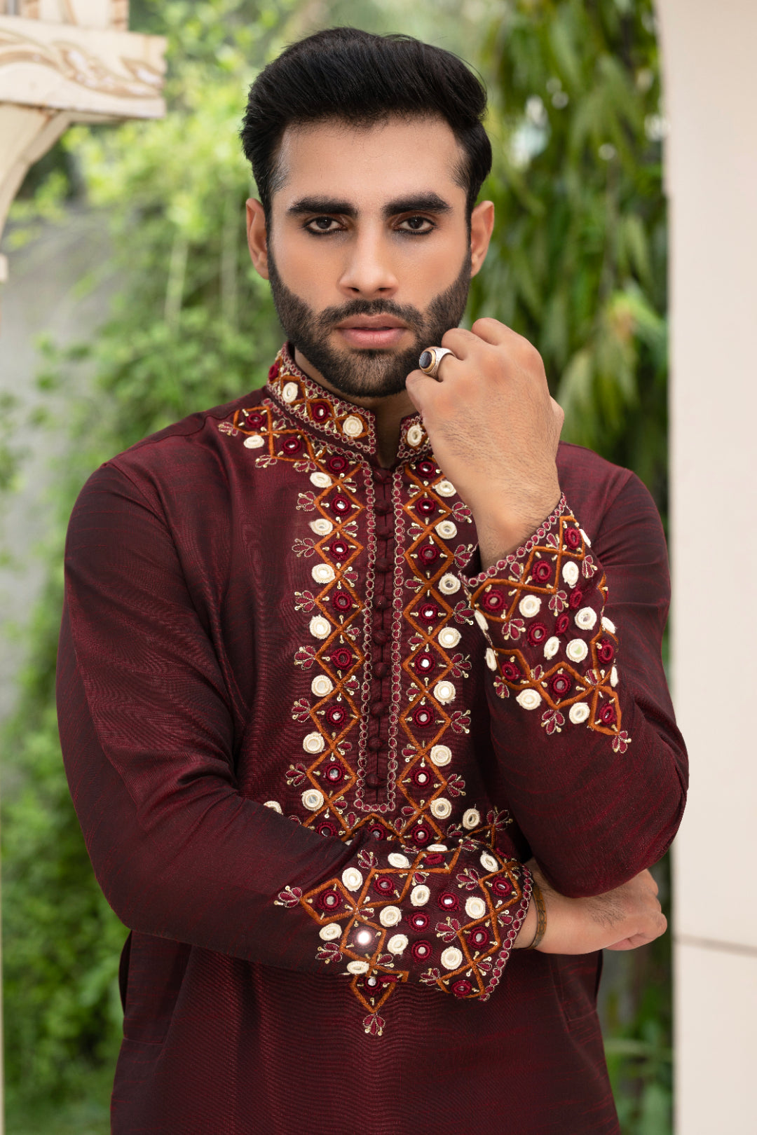 Dark Maroon Embroidered Silk Kurta Pajama (2-Piece) - Image 4
