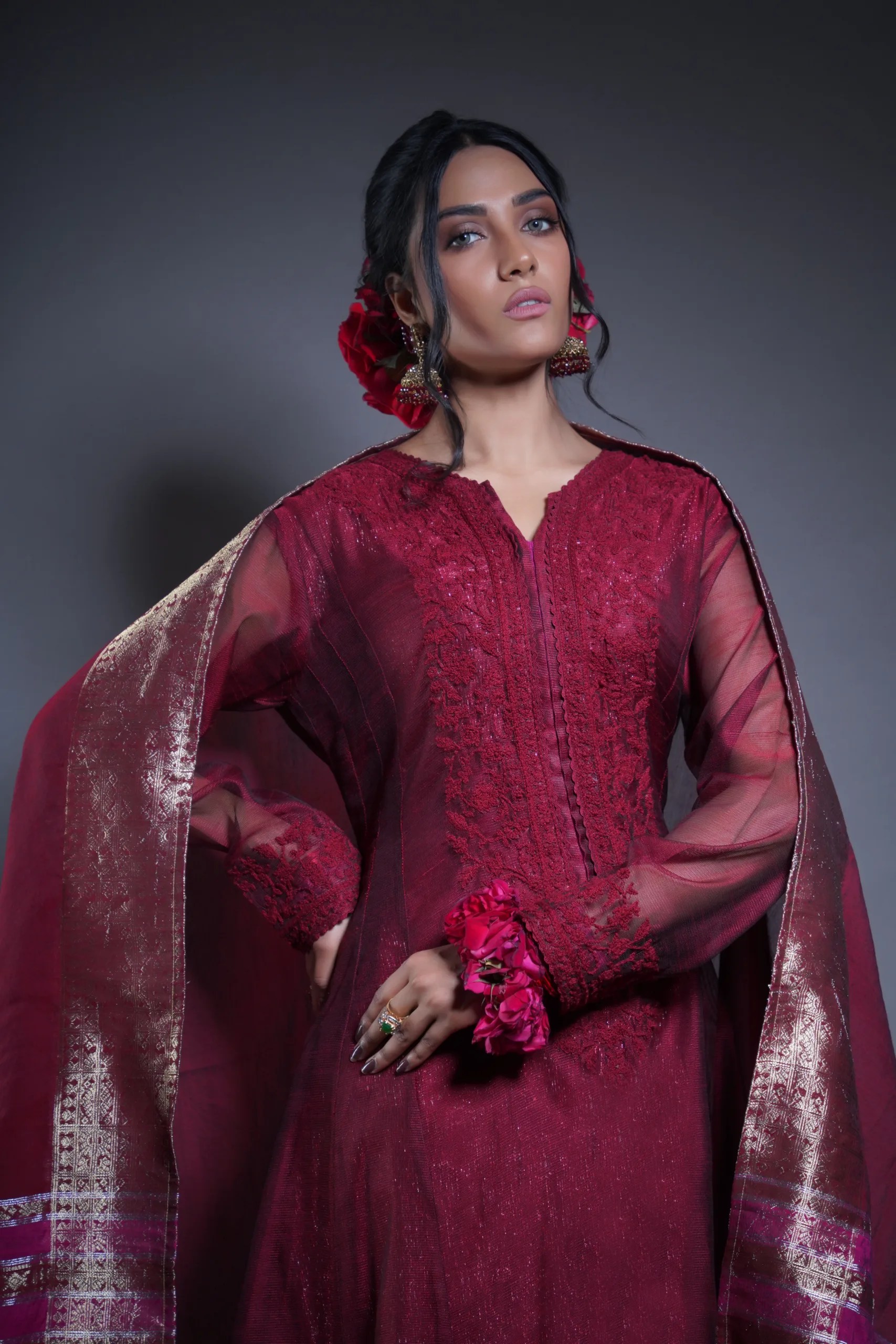 Pakistani Deep Maroon Embroidered Net Frock (3-Piece) - Image 1