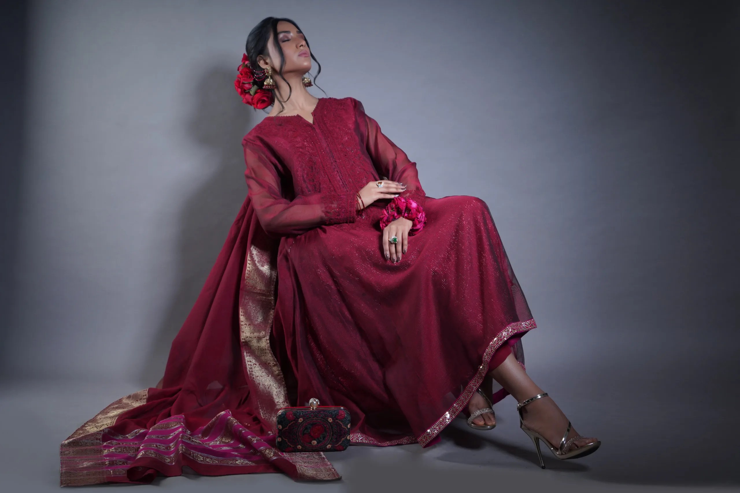 Pakistani Deep Maroon Embroidered Net Frock (3-Piece) - Image 10