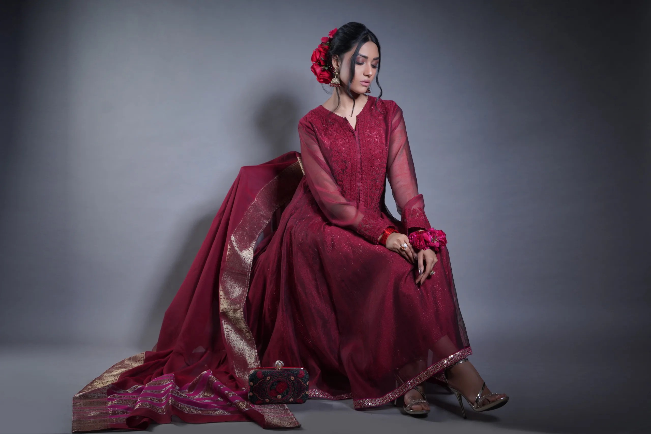 Pakistani Deep Maroon Embroidered Net Frock (3-Piece) - Image 2