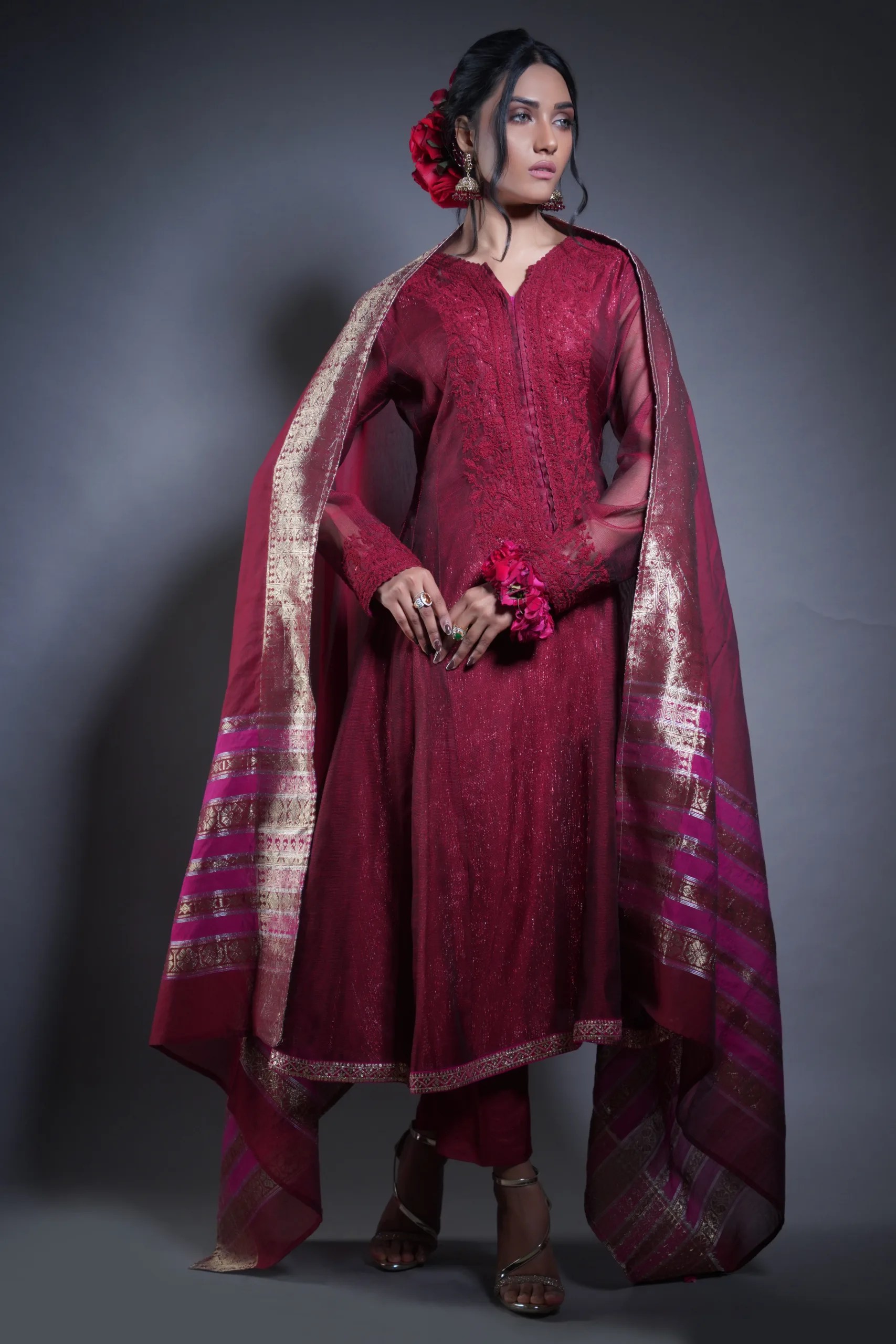 Pakistani Deep Maroon Embroidered Net Frock (3-Piece) - Image 3