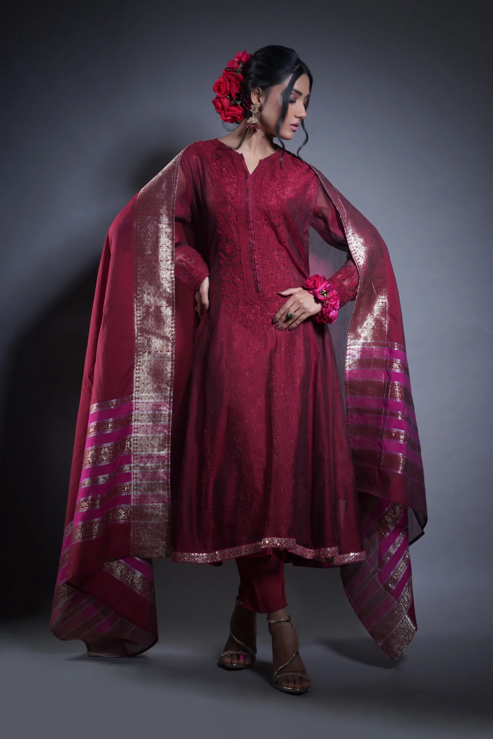 Pakistani Deep Maroon Embroidered Net Frock (3-Piece) - Image 4