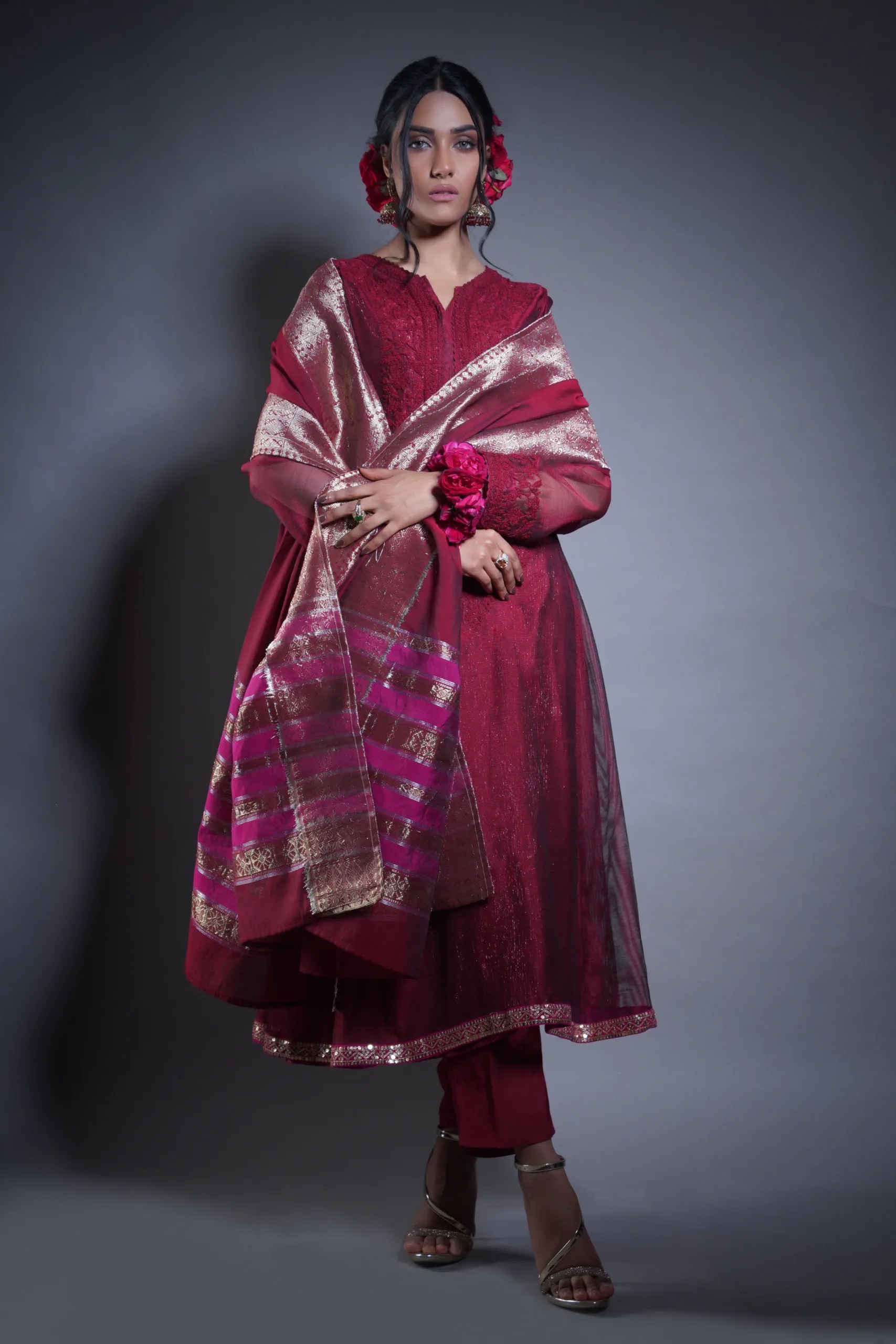 Pakistani Deep Maroon Embroidered Net Frock (3-Piece) - Image 5