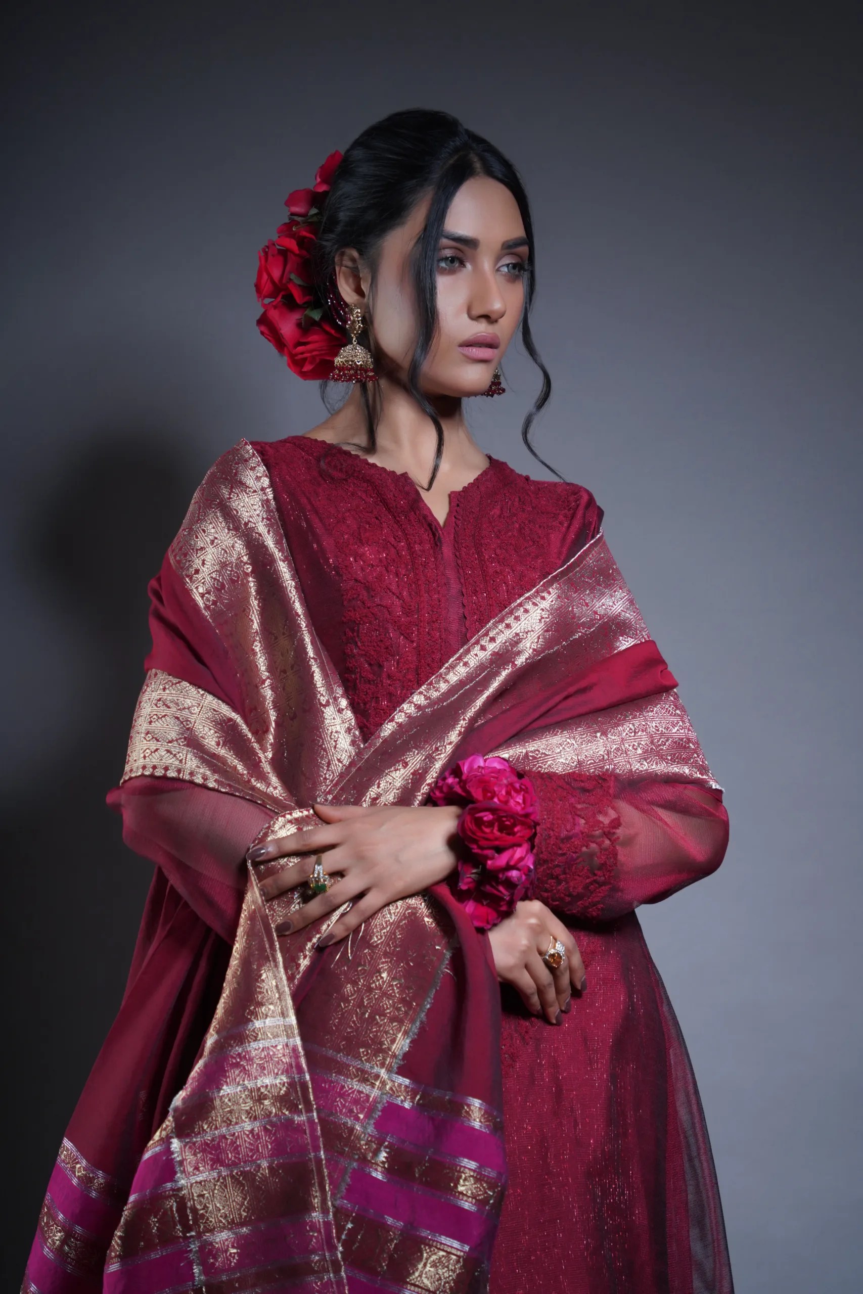 Pakistani Deep Maroon Embroidered Net Frock (3-Piece) - Image 6