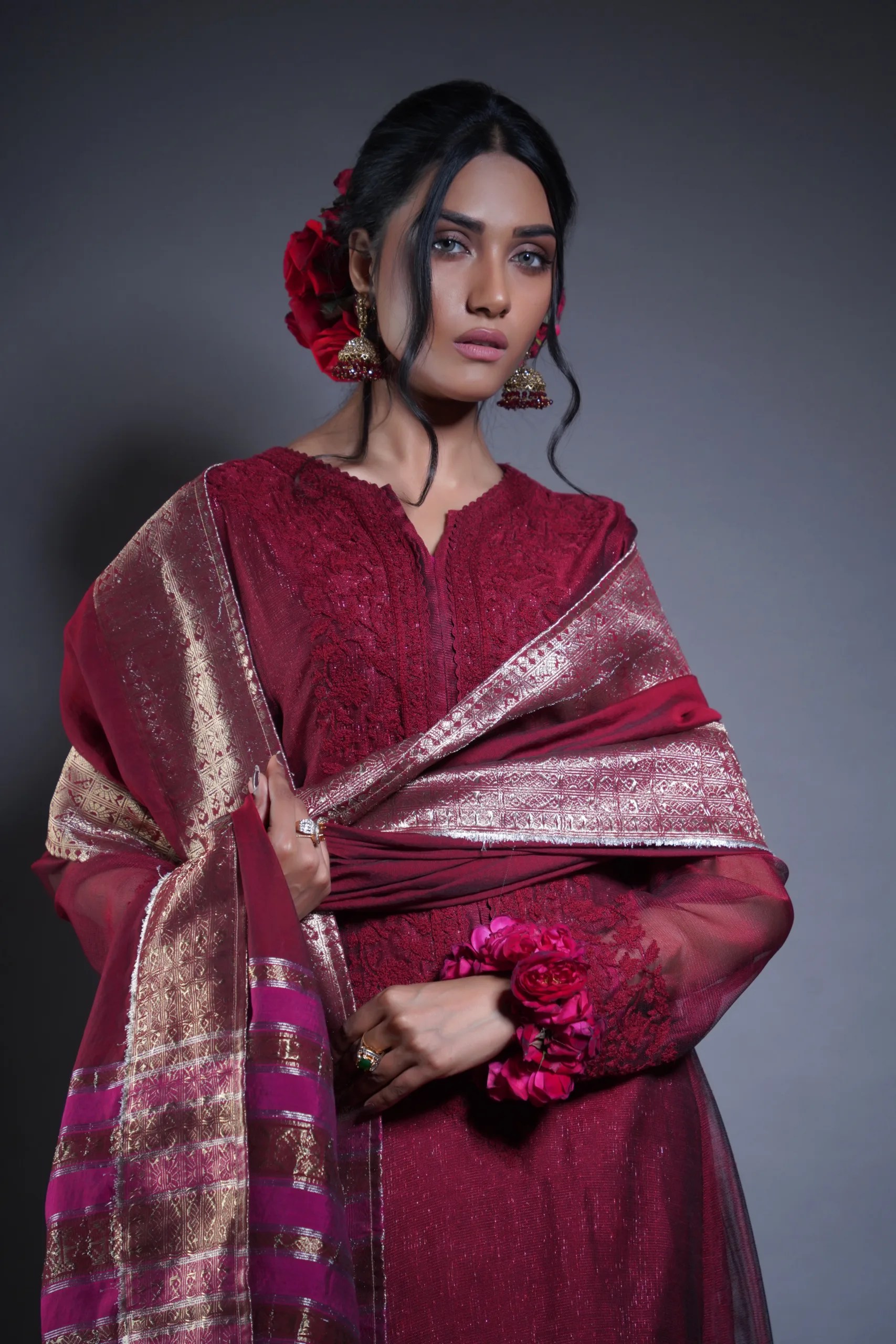 Pakistani Deep Maroon Embroidered Net Frock (3-Piece) - Image 7