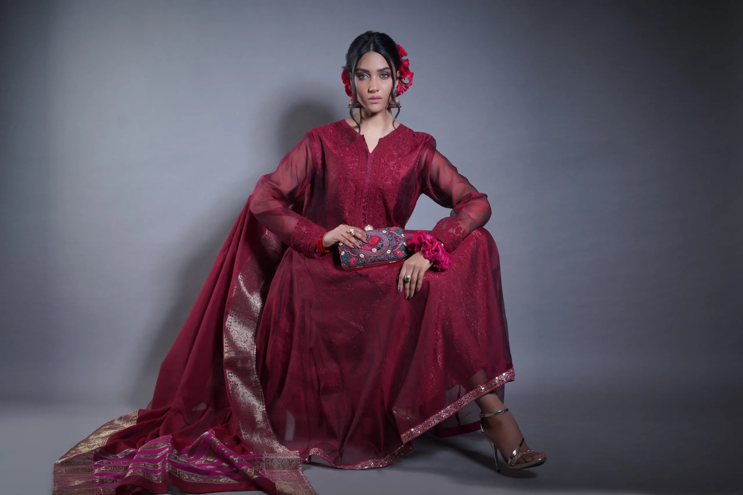 Pakistani Deep Maroon Embroidered Net Frock (3-Piece) - Image 8