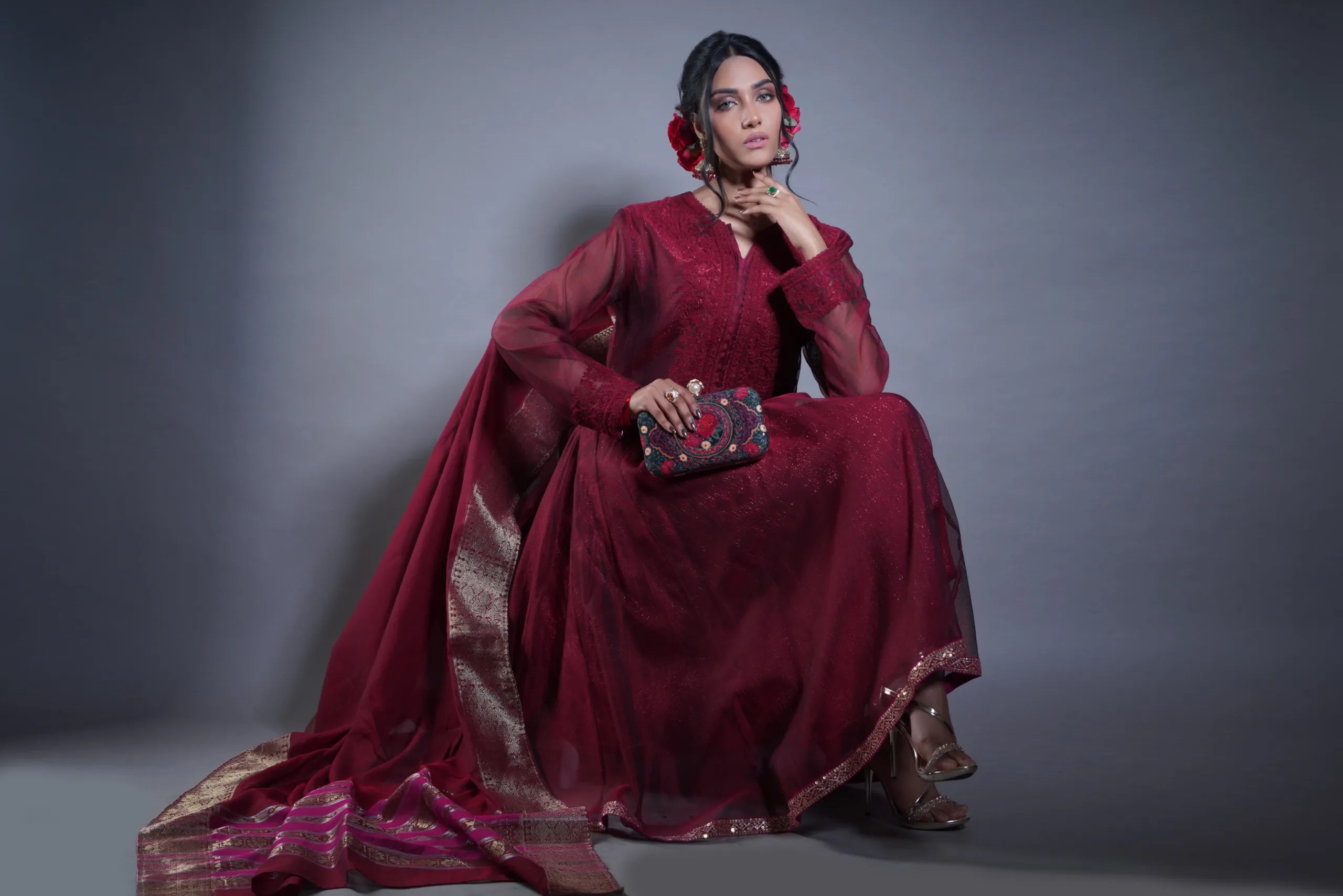 Pakistani Deep Maroon Embroidered Net Frock (3-Piece) - Image 9