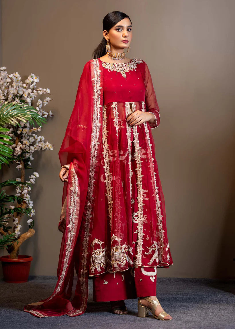 Pakistani Maroon Embroidered Organza Front-Open Frock (3-Piece) - Image 1