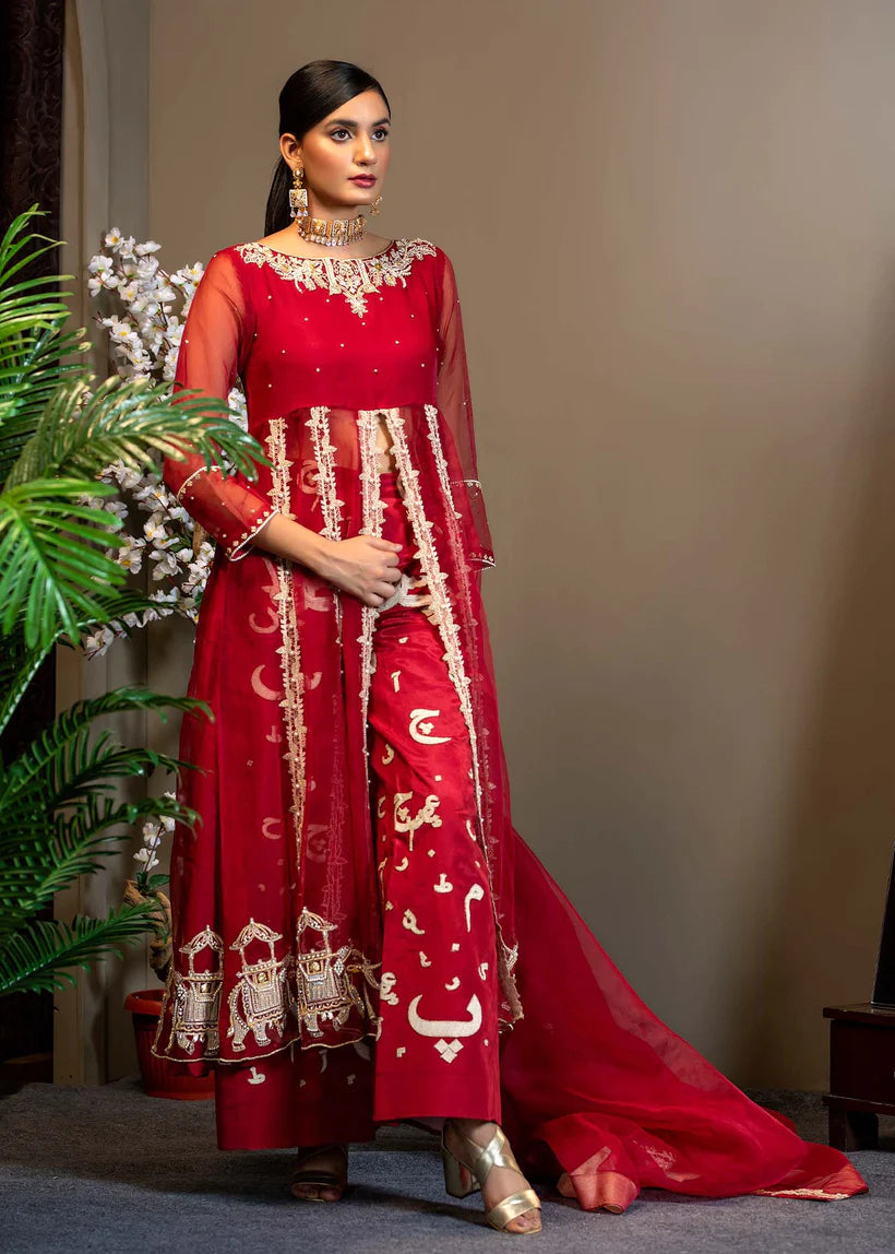 Pakistani Maroon Embroidered Organza Front-Open Frock (3-Piece) - Image 2