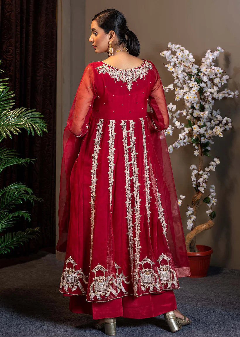 Pakistani Maroon Embroidered Organza Front-Open Frock (3-Piece) - Image 3