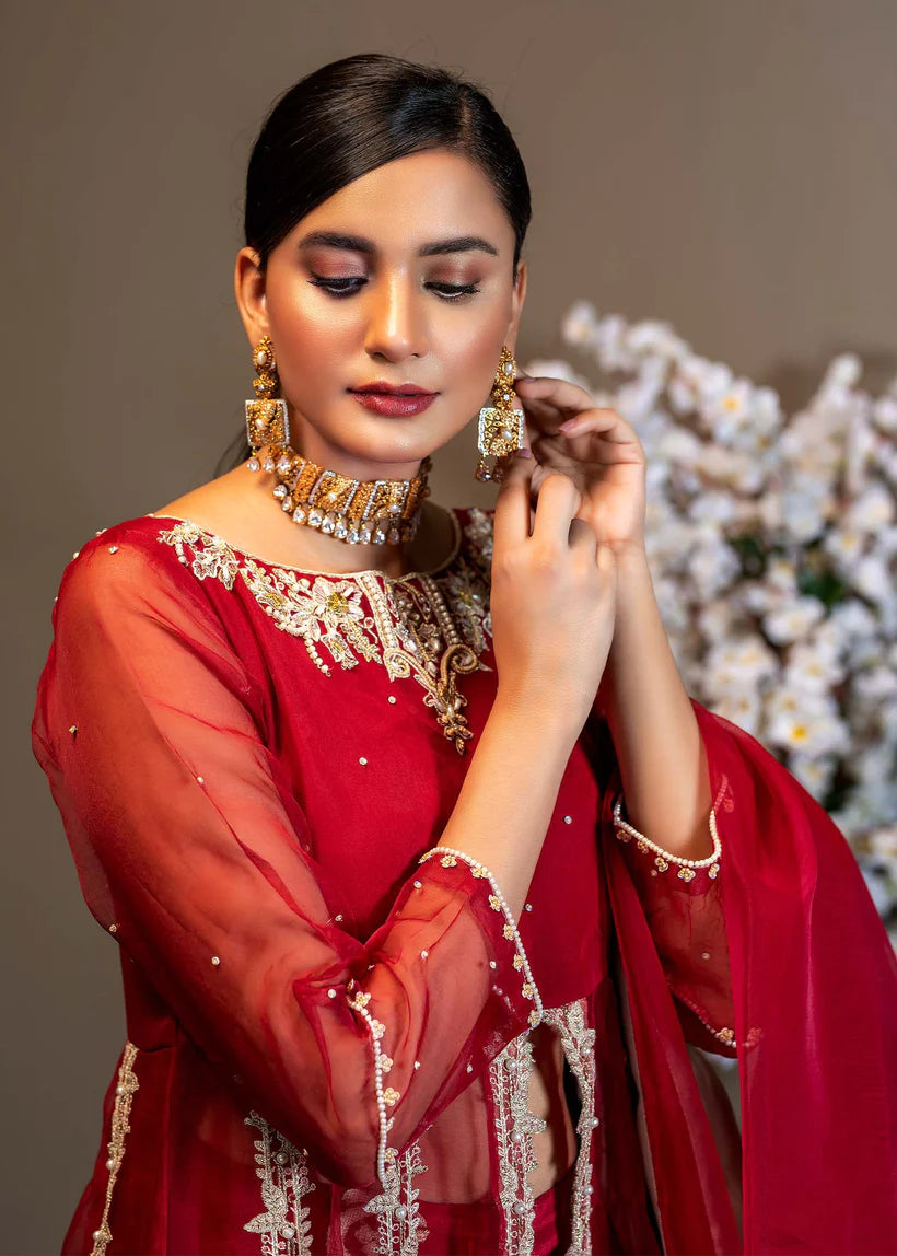Pakistani Maroon Embroidered Organza Front-Open Frock (3-Piece) - Image 4
