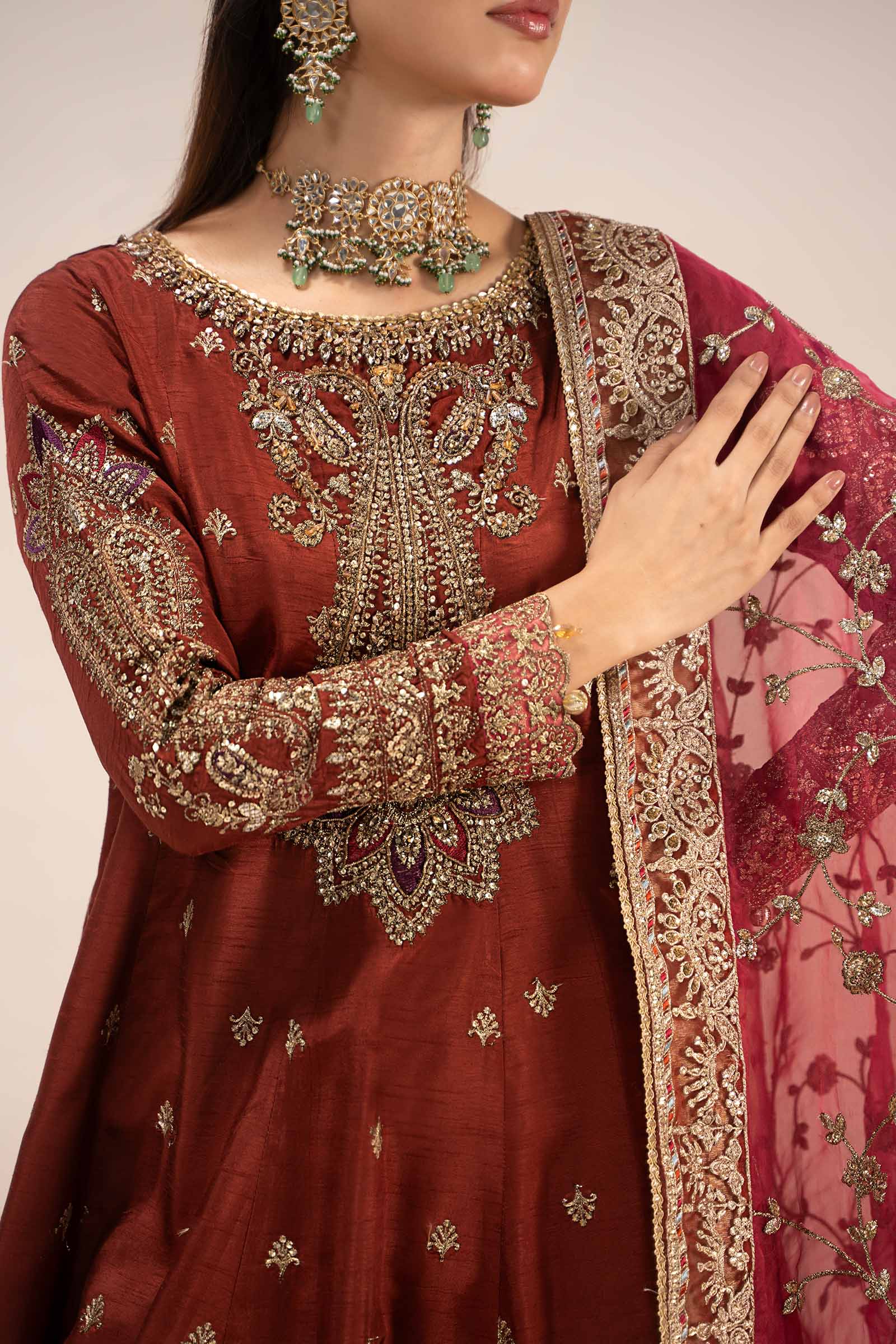 Pakistani Rust Embroidered Raw Silk Frock Dress (3-Piece) - Image 10