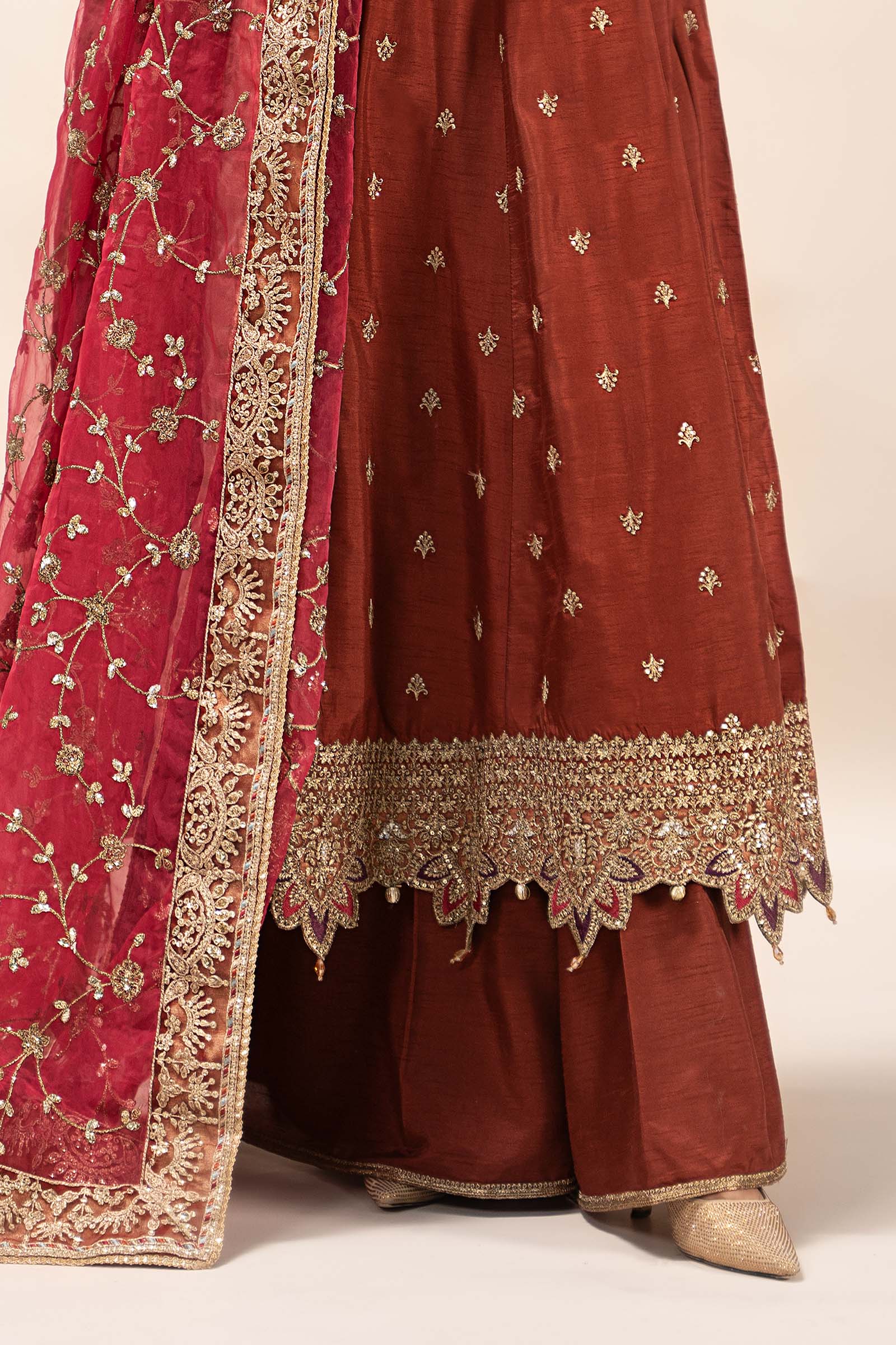 Pakistani Rust Embroidered Raw Silk Frock Dress (3-Piece) - Image 11