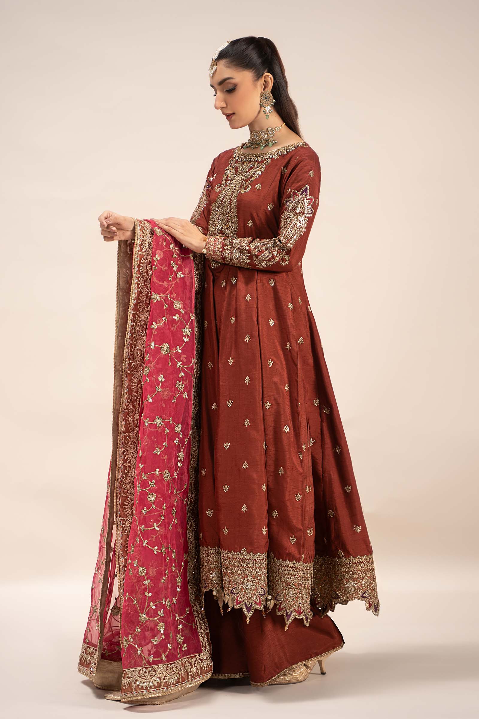 Pakistani Rust Embroidered Raw Silk Frock Dress (3-Piece) - Image 6