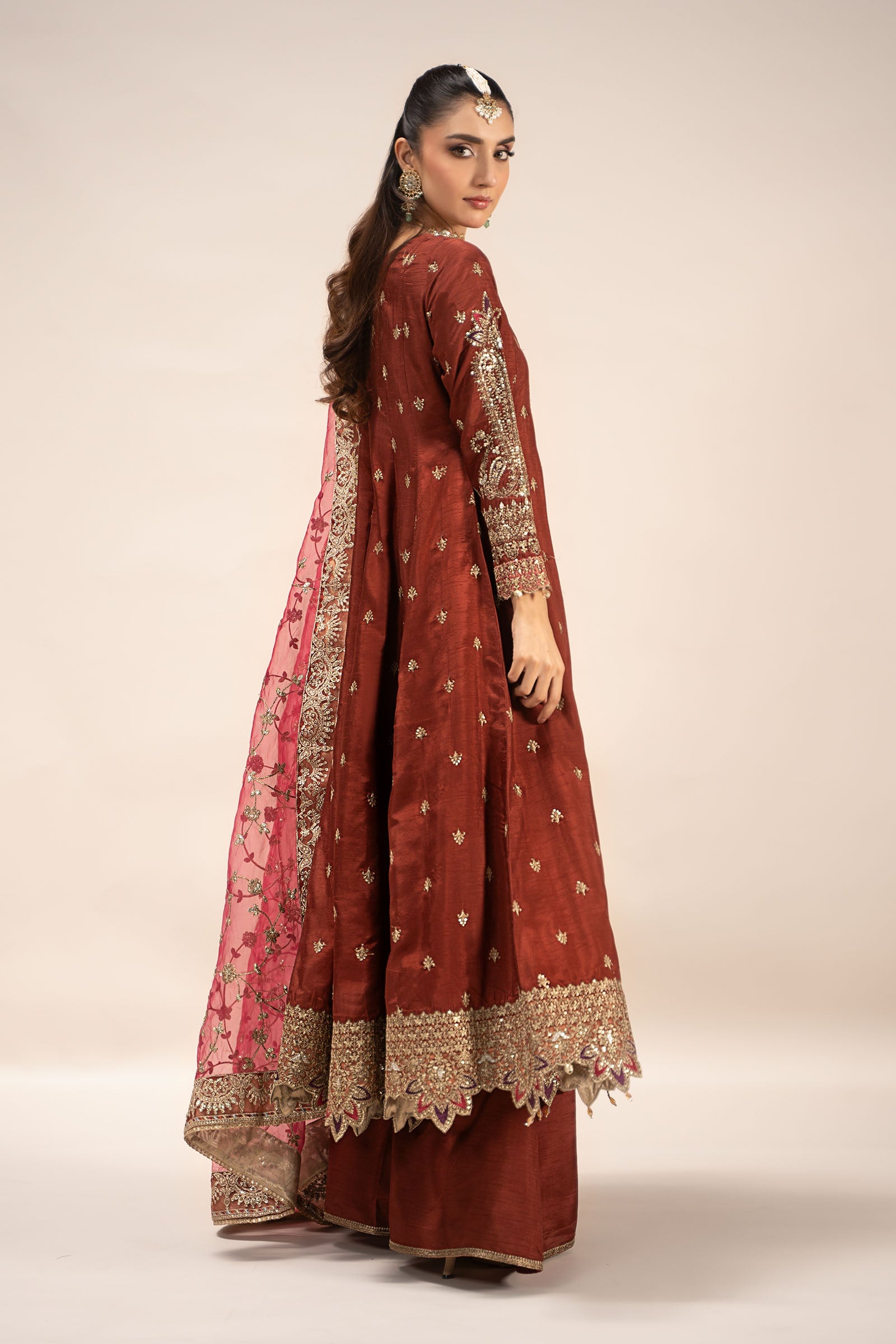 Pakistani Rust Embroidered Raw Silk Frock Dress (3-Piece) - Image 7