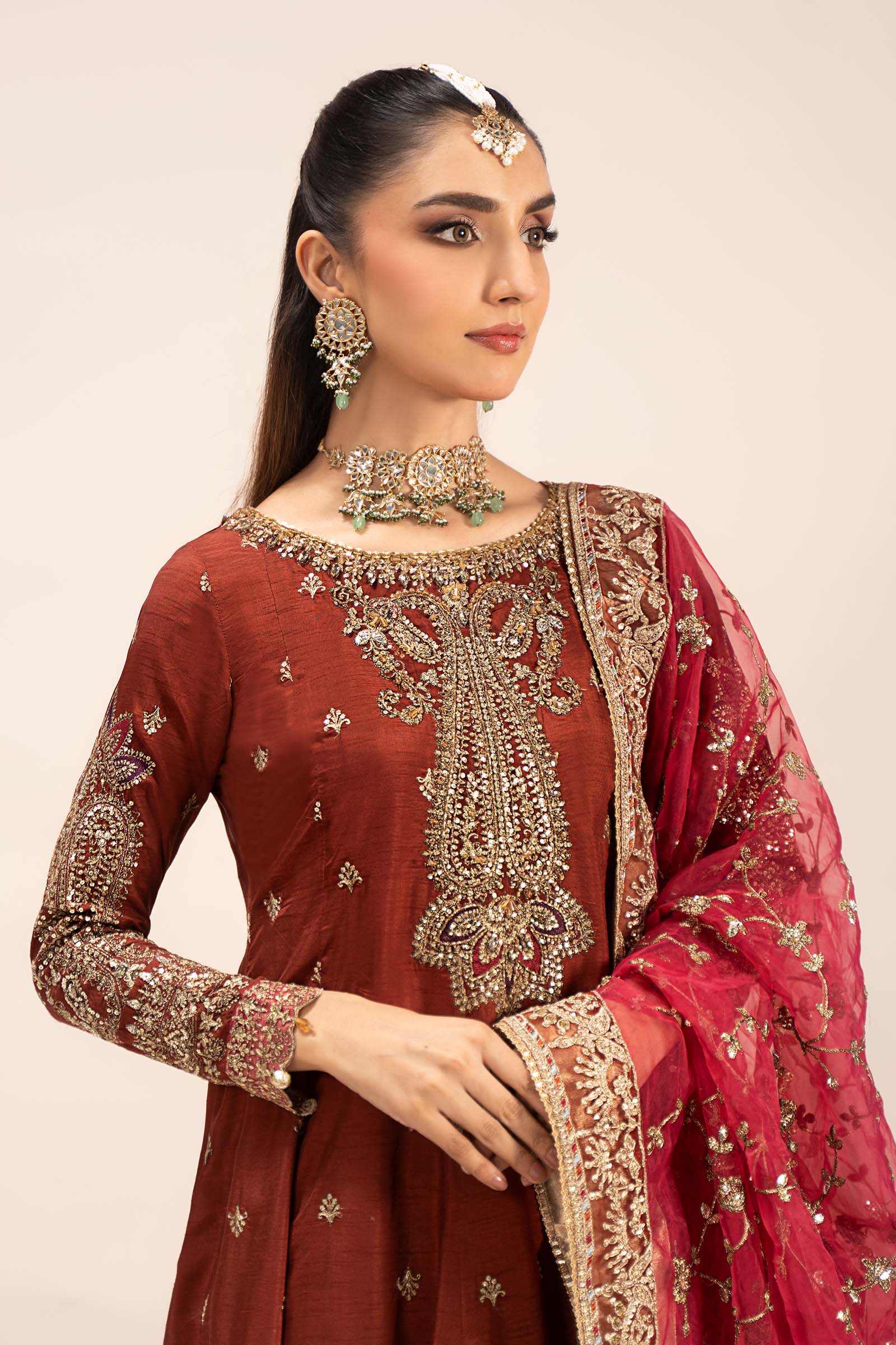 Pakistani Rust Embroidered Raw Silk Frock Dress (3-Piece) - Image 8