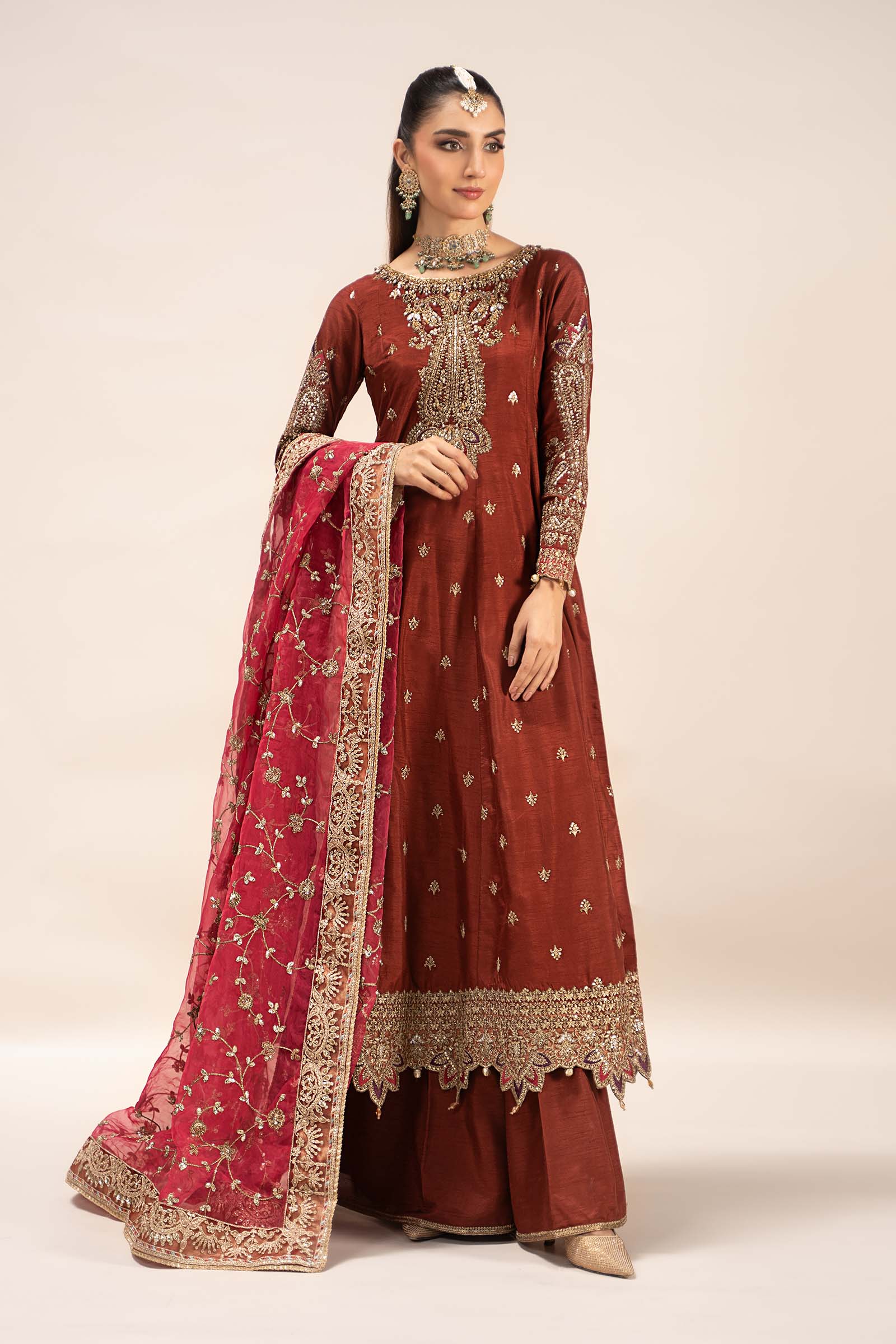 Pakistani Rust Embroidered Raw Silk Frock Dress (3-Piece) - Image 9
