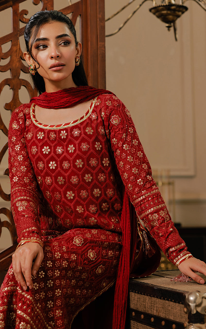 Maroon Kamdani Chiffon Long Shirt Gharara (3-Piece) - Image 2