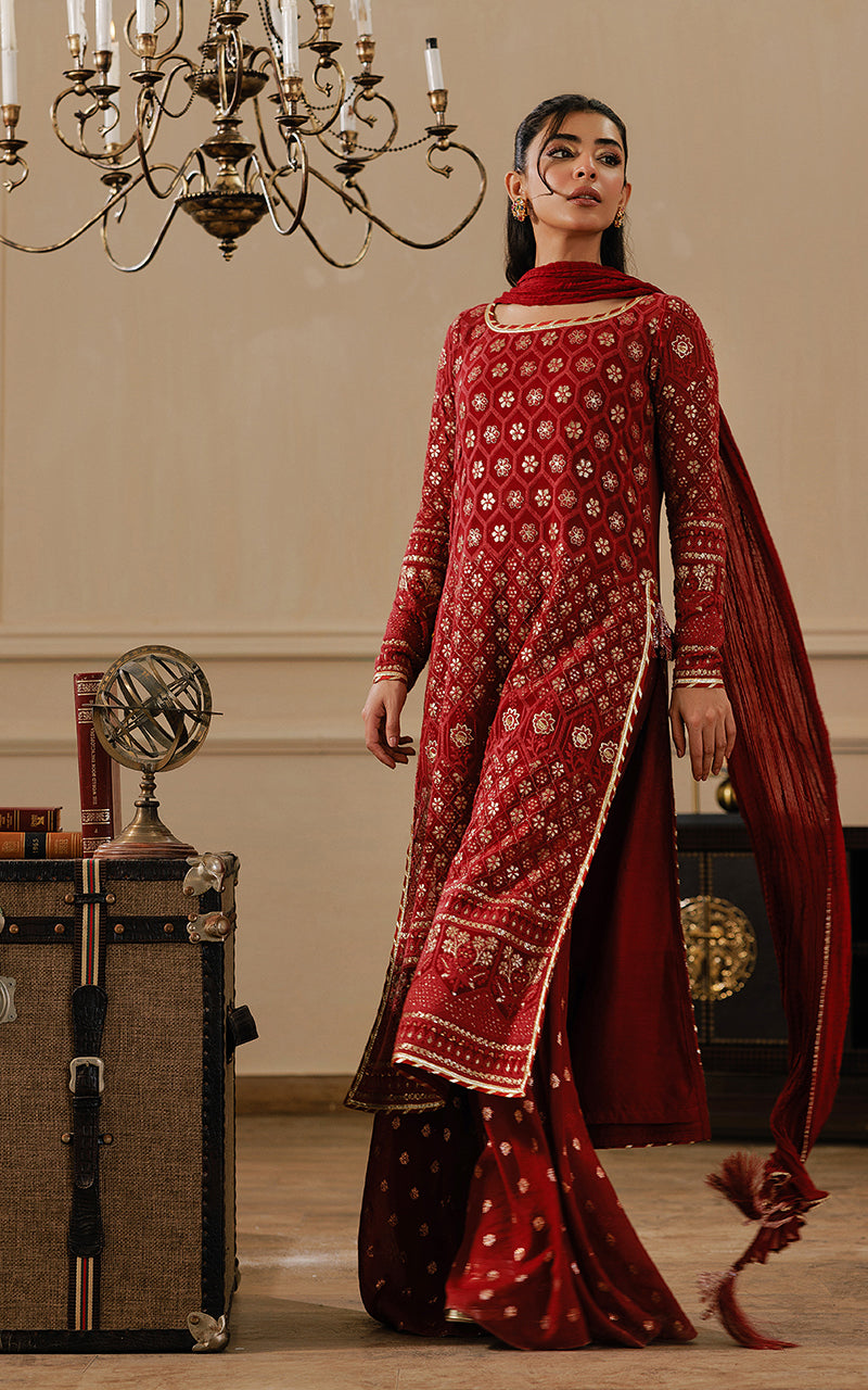 Maroon Kamdani Chiffon Long Shirt Gharara (3-Piece) - Image 3