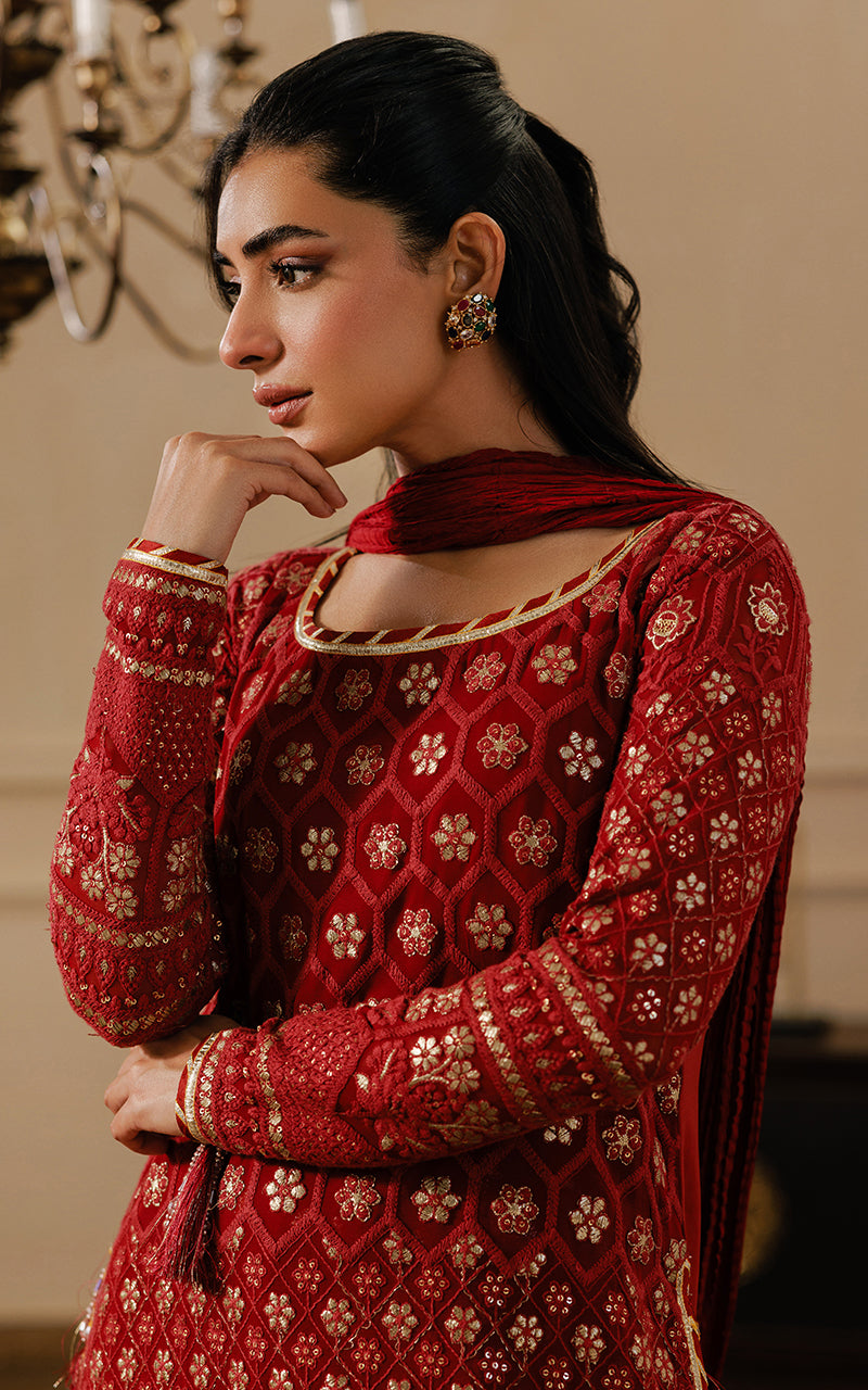 Maroon Kamdani Chiffon Long Shirt Gharara (3-Piece) - Image 4