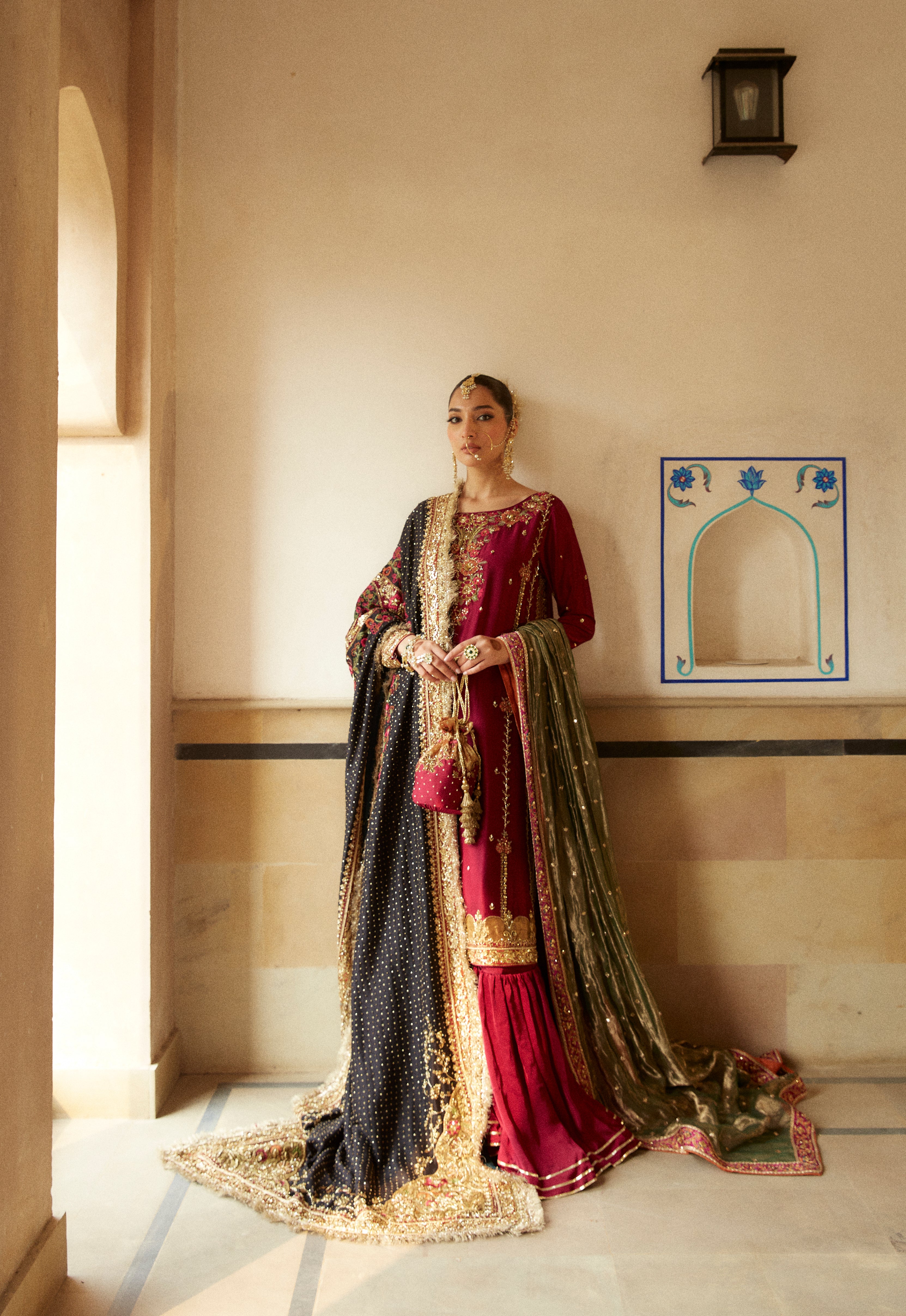 Pakistani Burgundy Zardozi Charmeuse Gharara Set (3-Piece) - Image 1