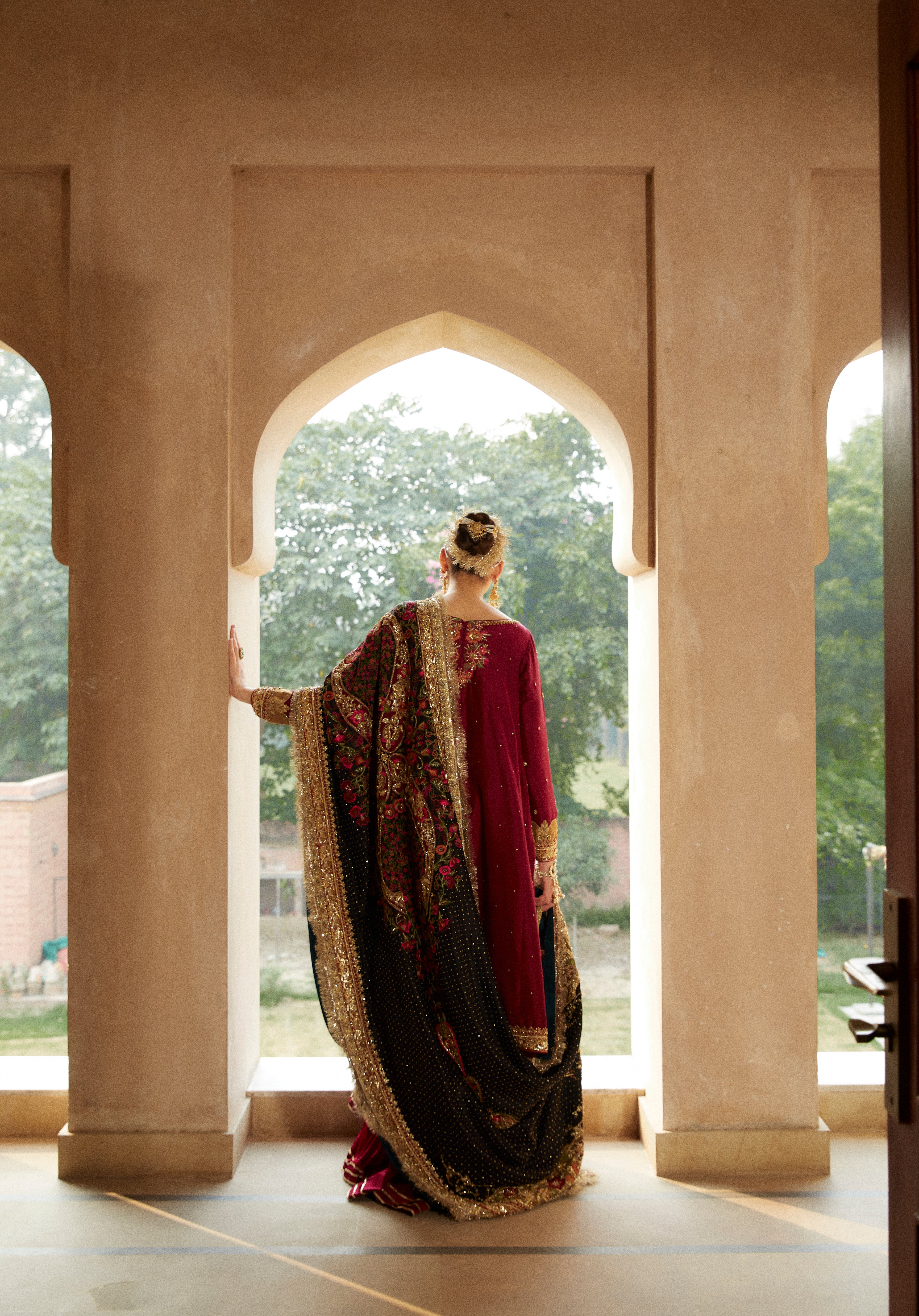 Pakistani Burgundy Zardozi Charmeuse Gharara Set (3-Piece) - Image 3