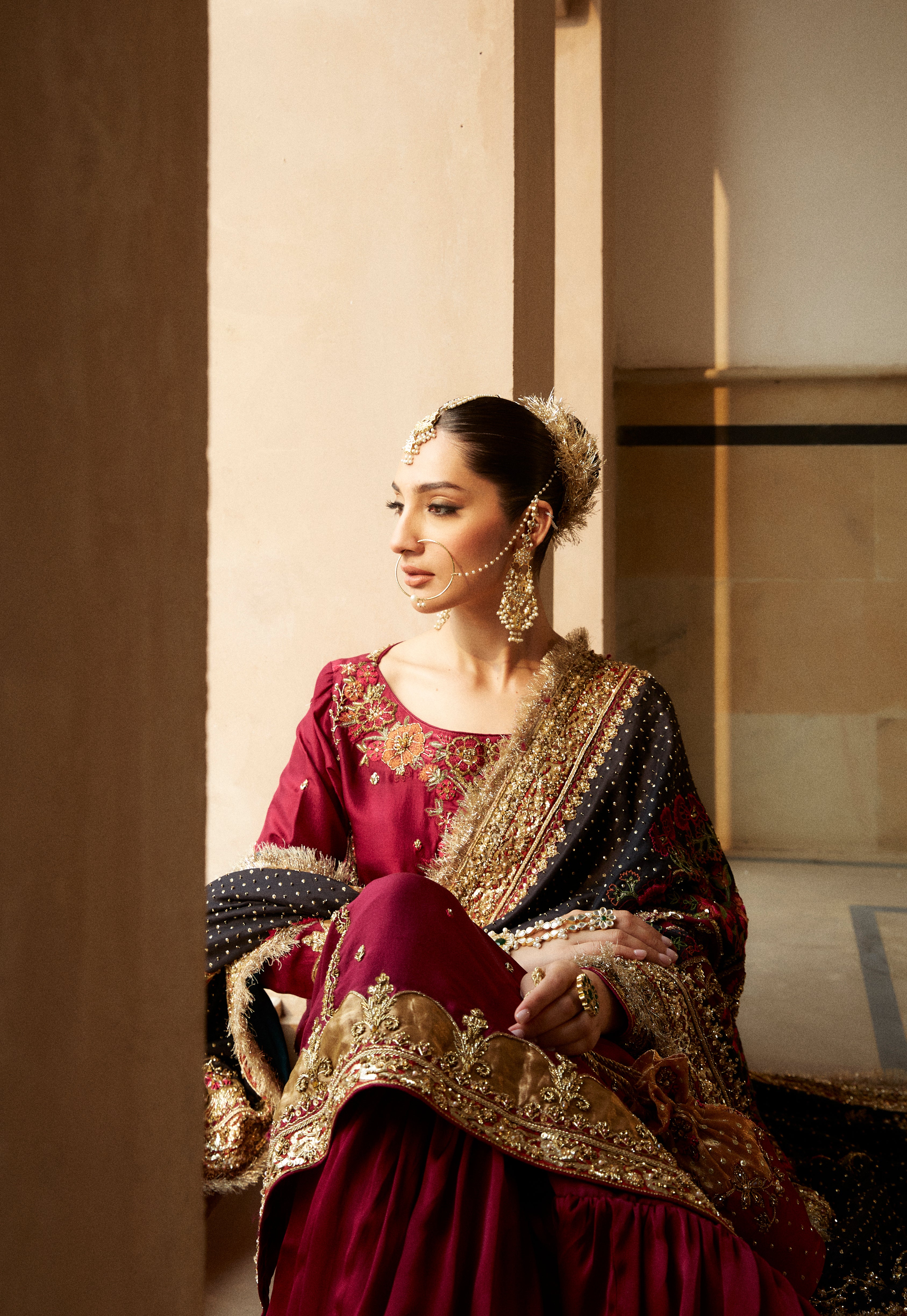 Pakistani Burgundy Zardozi Charmeuse Gharara Set (3-Piece) - Image 4