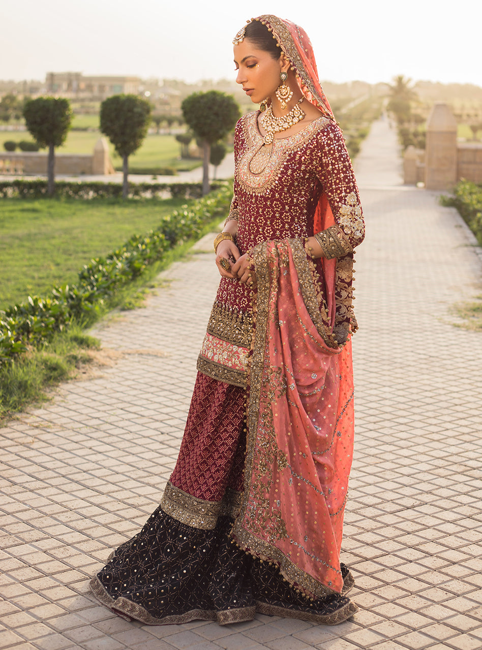 Deep Maroon Mukesh Work Chiffon Gharara (3-Piece) - Image 1