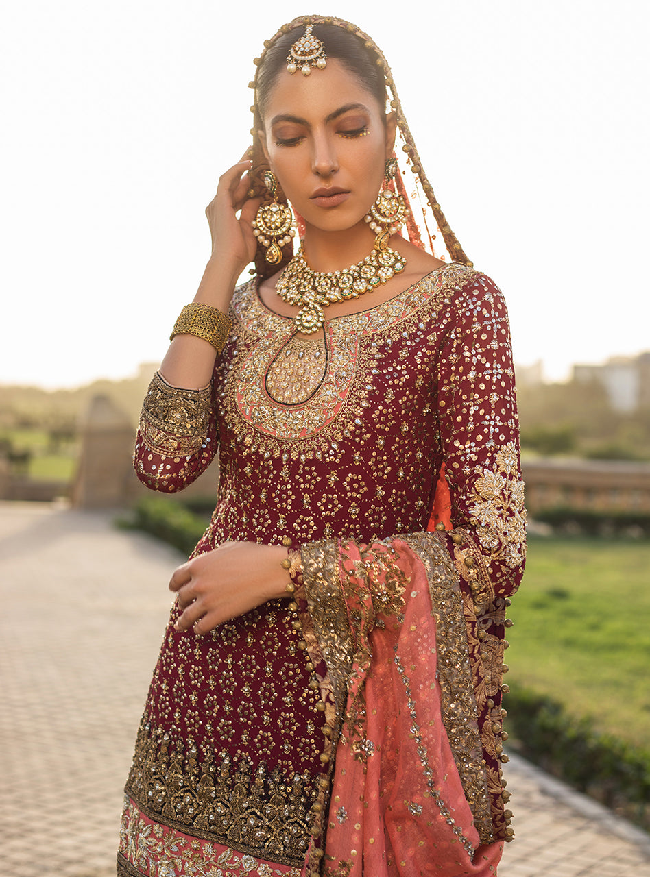 Deep Maroon Mukesh Work Chiffon Gharara (3-Piece) - Image 2