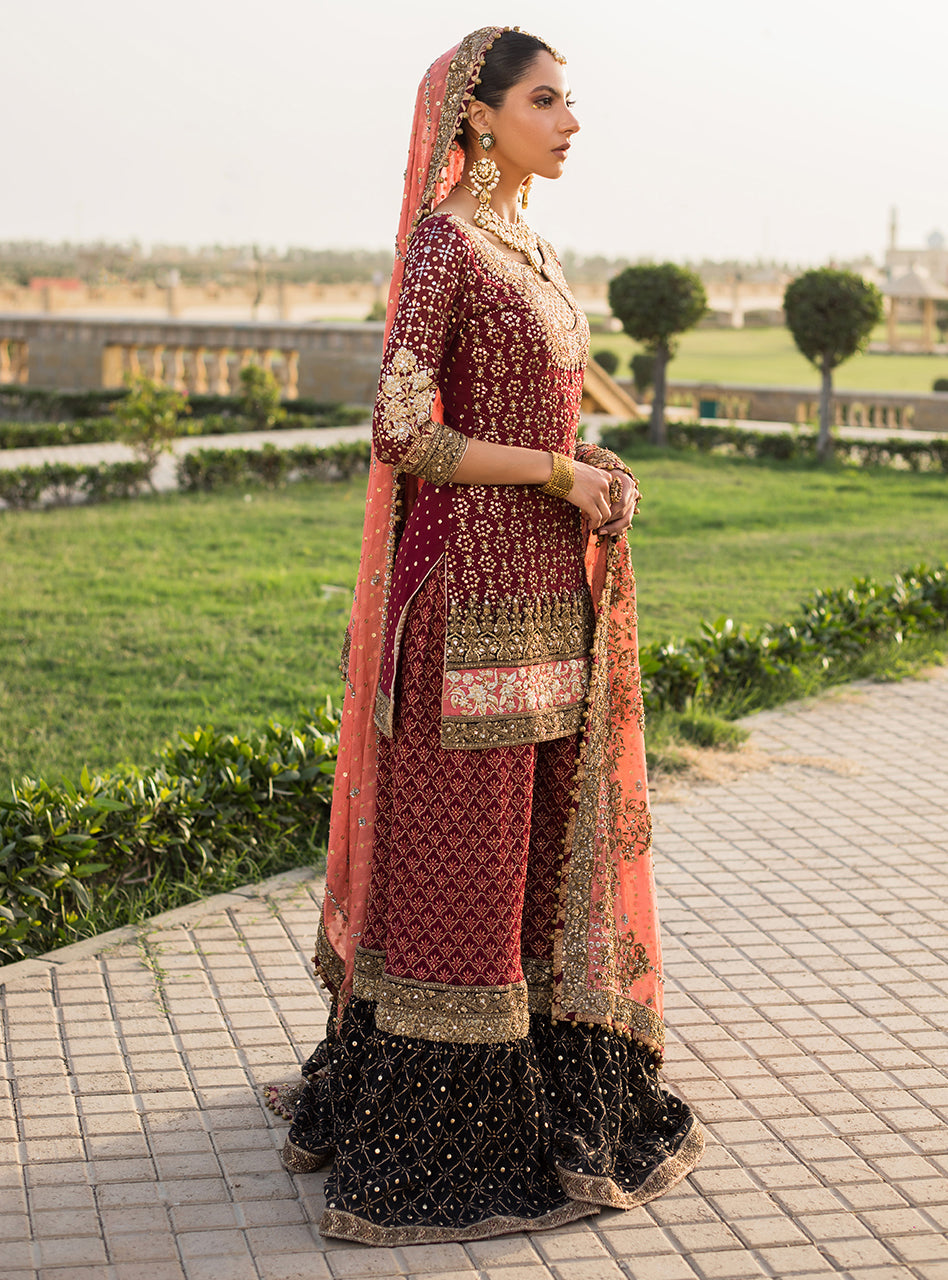 Deep Maroon Mukesh Work Chiffon Gharara (3-Piece) - Image 3