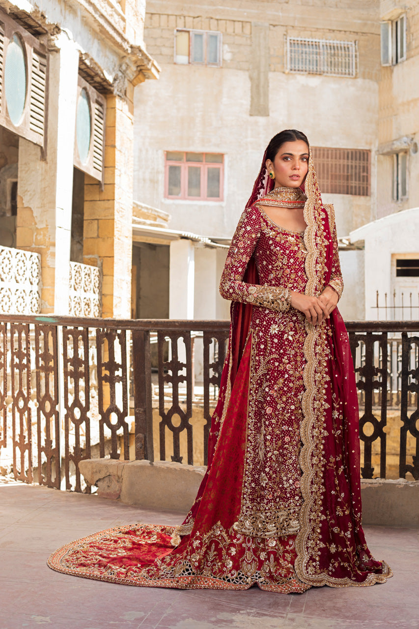Garnet Zardozi Cotton Net Bridal Gharara (3-Piece) - Image 1