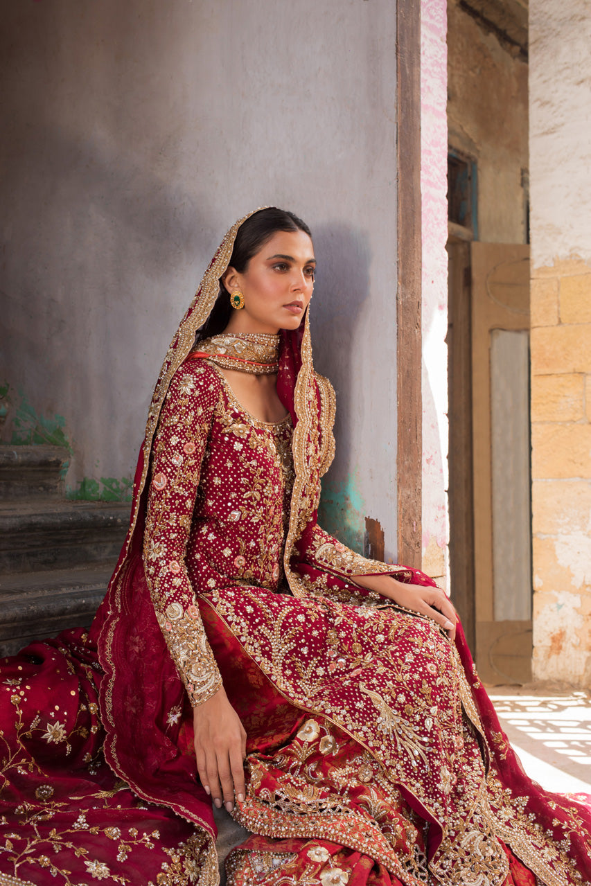 Garnet Zardozi Cotton Net Bridal Gharara (3-Piece) - Image 2