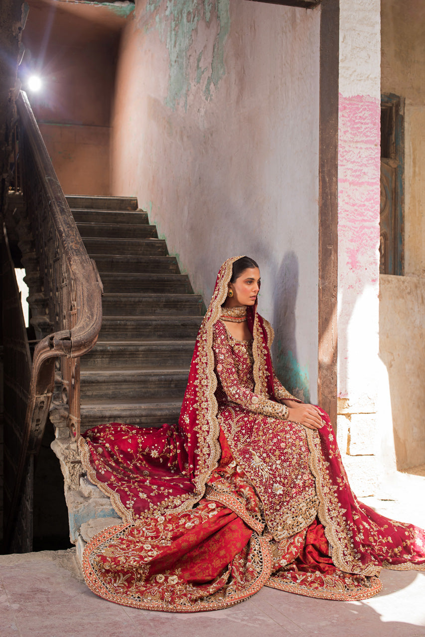 Garnet Zardozi Cotton Net Bridal Gharara (3-Piece) - Image 5