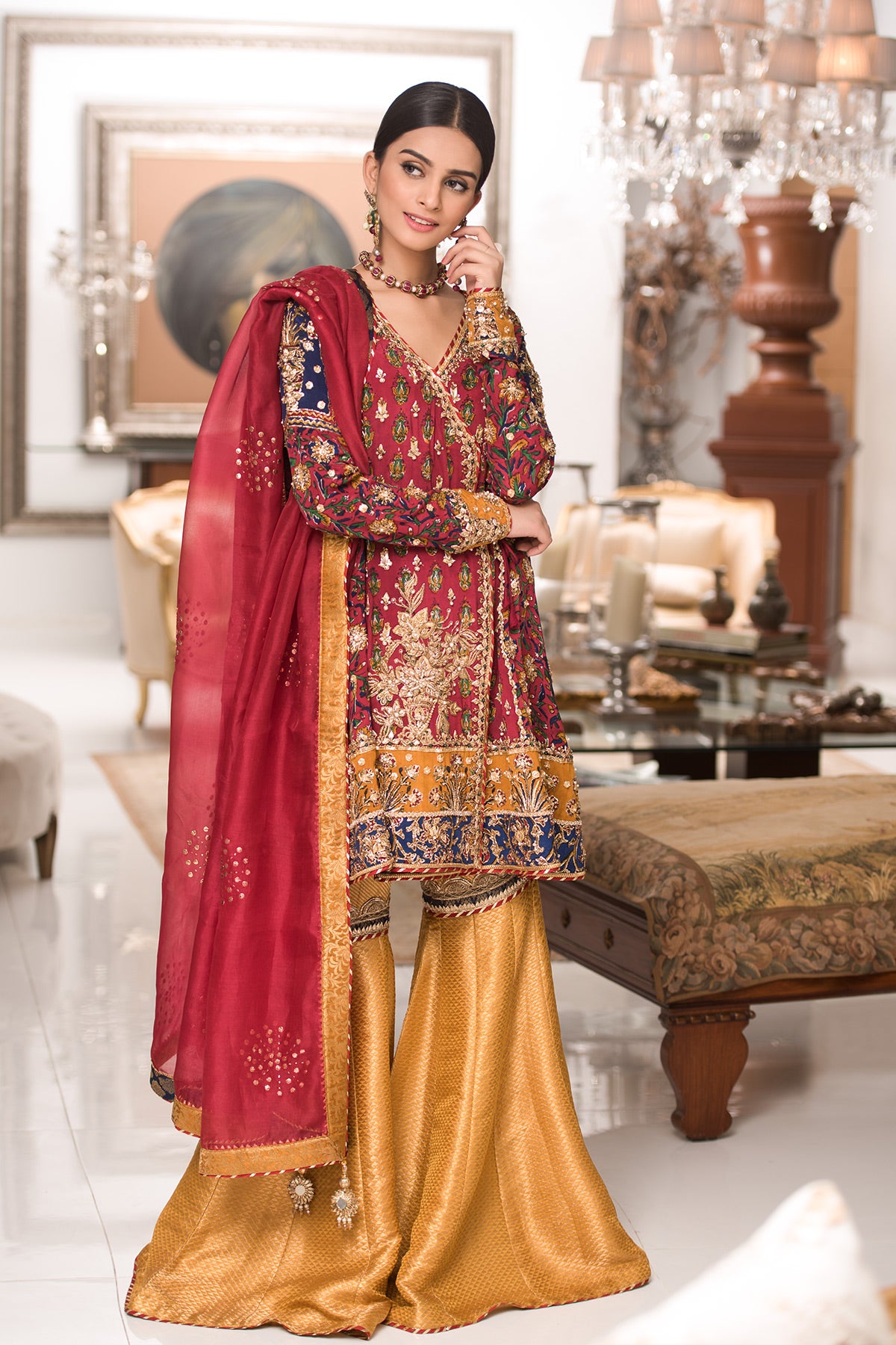 Pakistani Burgundy Embroidered Grip Angrakha with Jamawar Gharara (3-Piece) - Image 1