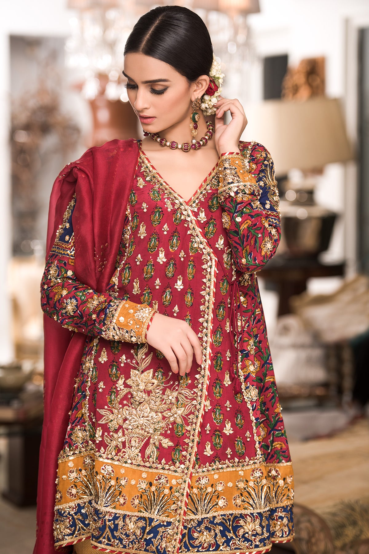 Pakistani Burgundy Embroidered Grip Angrakha with Jamawar Gharara (3-Piece) - Image 2