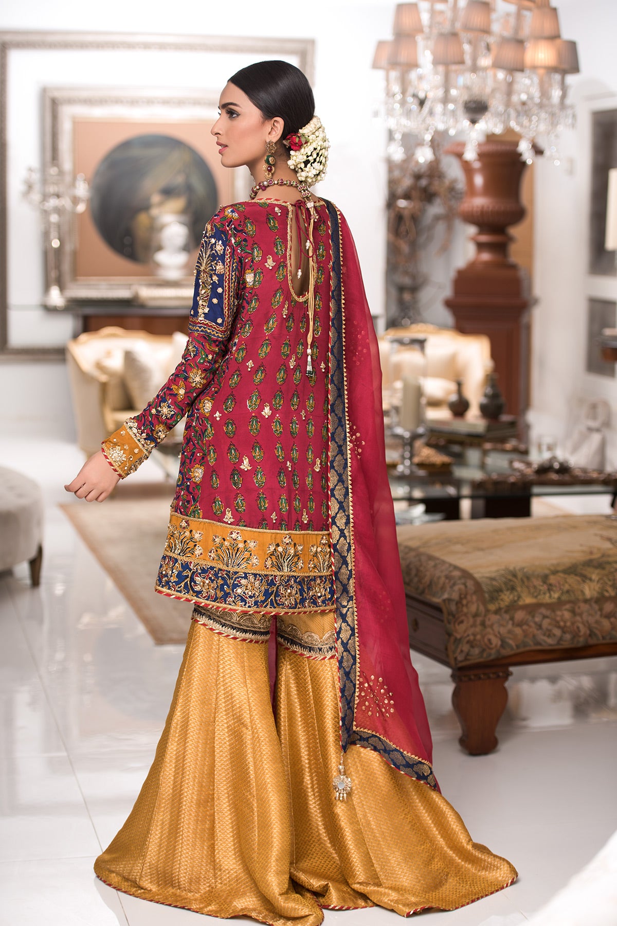 Pakistani Burgundy Embroidered Grip Angrakha with Jamawar Gharara (3-Piece) - Image 3