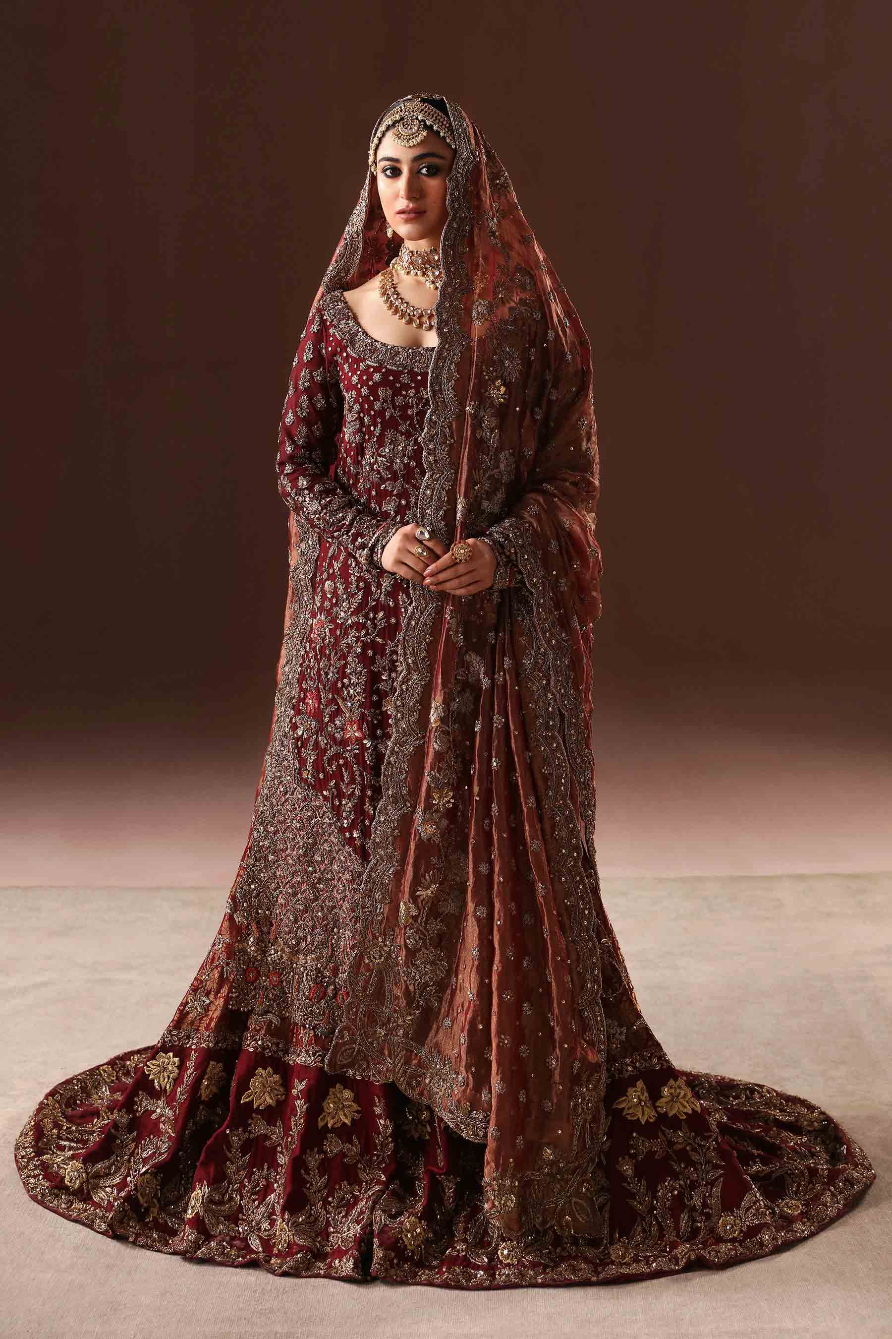 Pakistani Deep Maroon Zardozi Jamawar Farshi Gharara (3-Piece) - Image 1