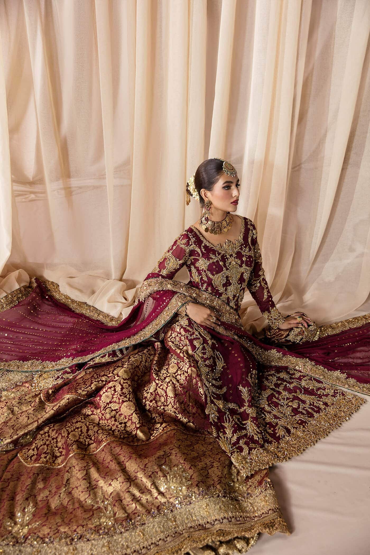 Pakistani Cherry Wine Zardozi Chiffon Gharara (3-Piece) - Image 2